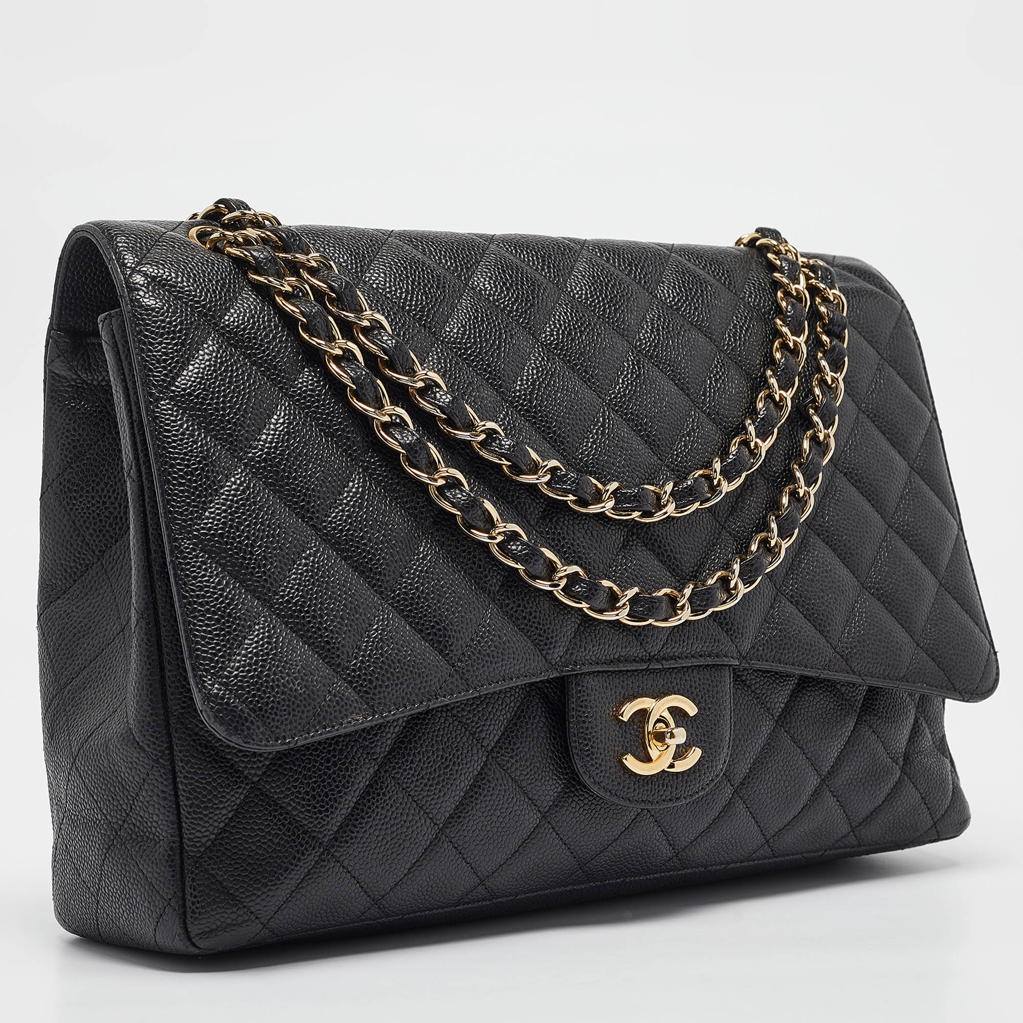 Chanel Black Quilted Caviar Leather Maxi Classic Single Flap Bag 