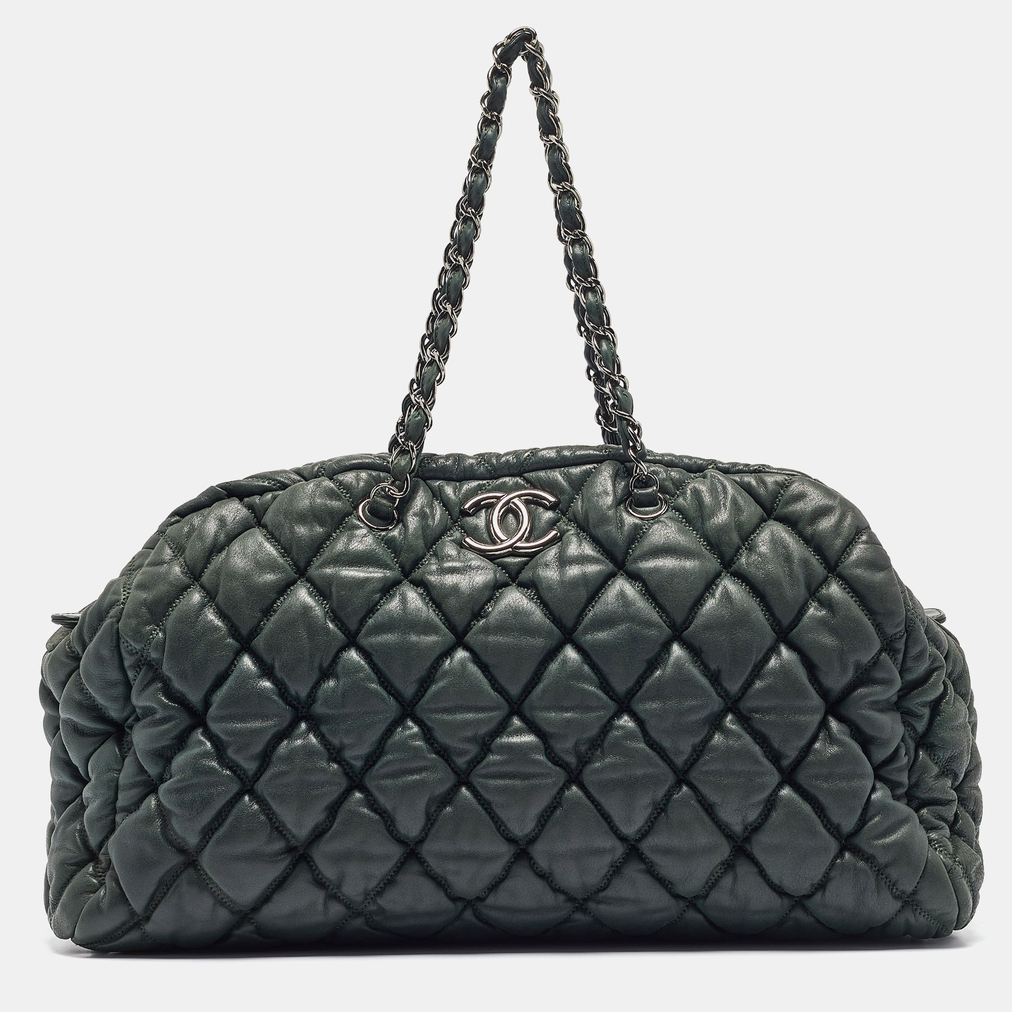 

Chanel Dark Green Black Bubble Quilted Leather Bowler Bag