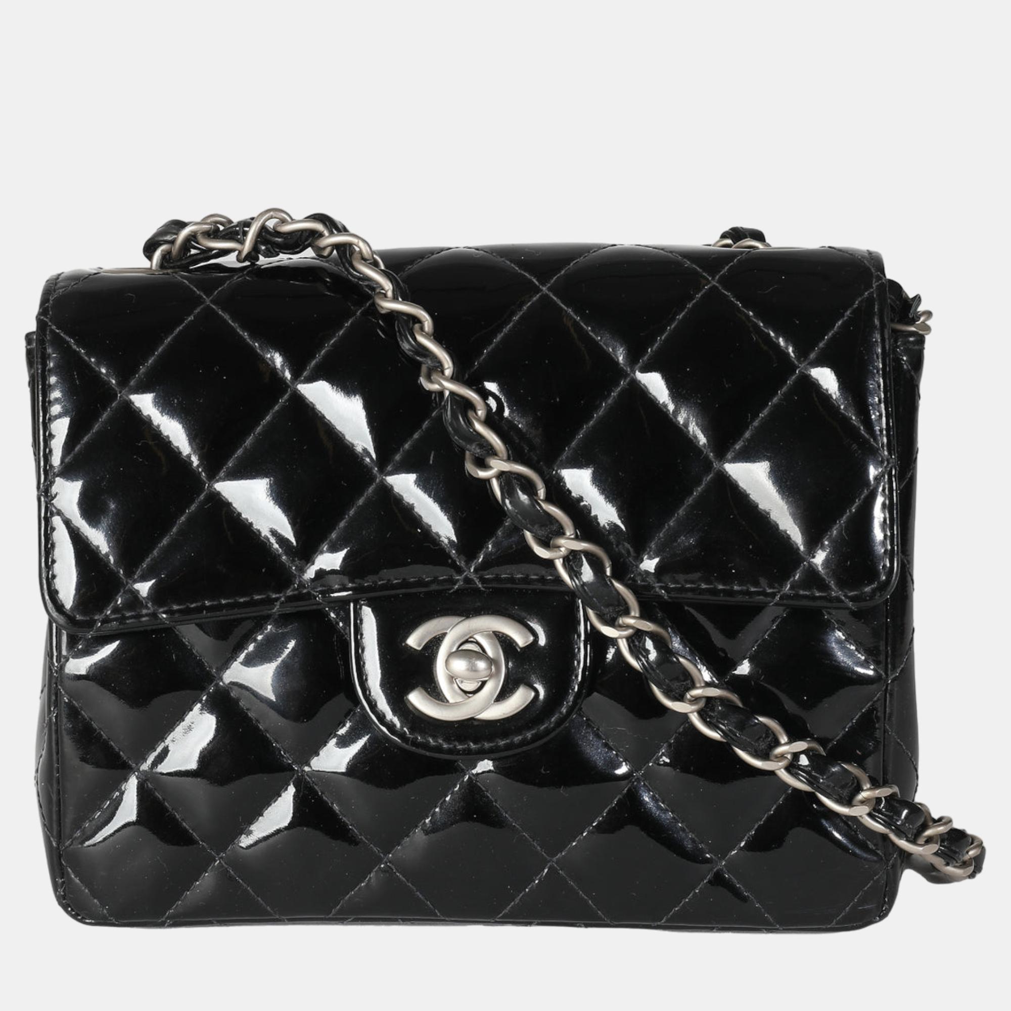 

Chanel Vintage Black Quilted Patent Mini Square Flap Shoulder Bag