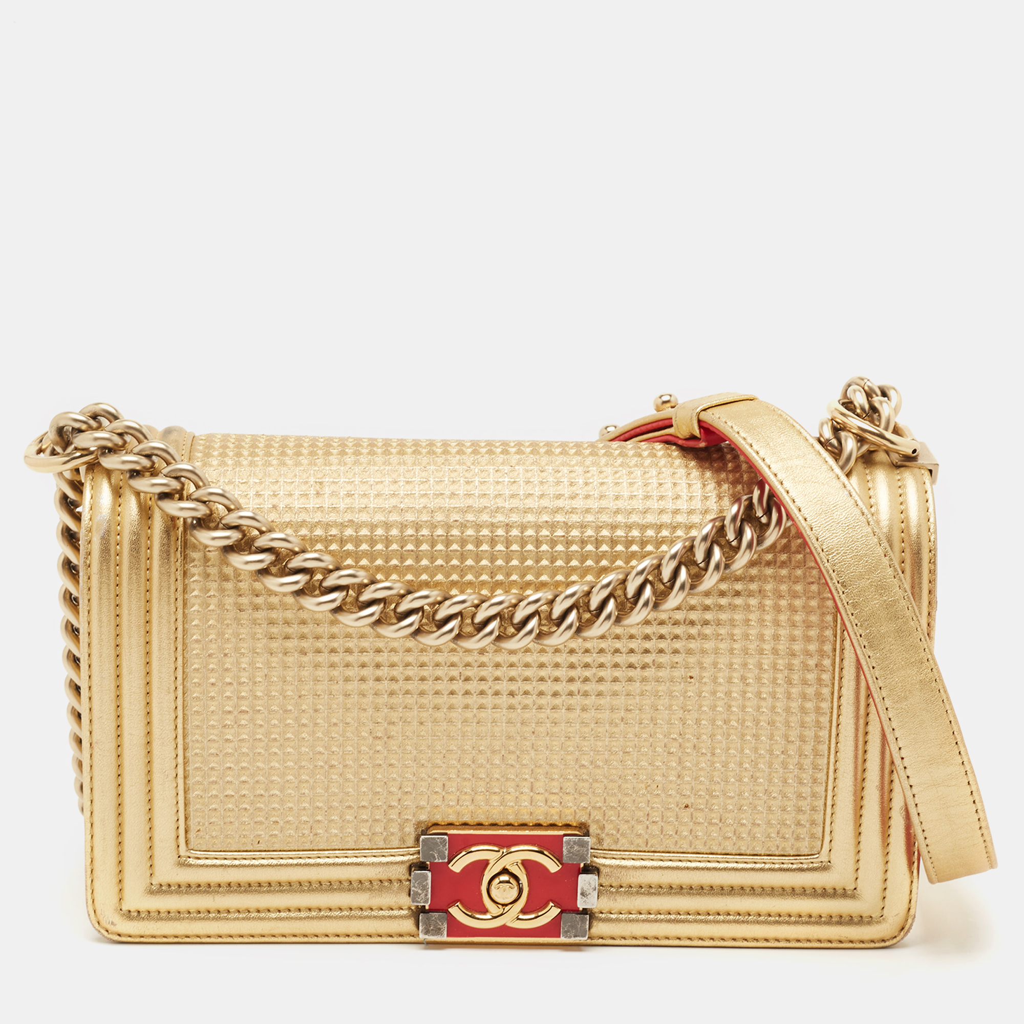 

Chanel Gold Woven Embossed Leather  Boy Flap Bag