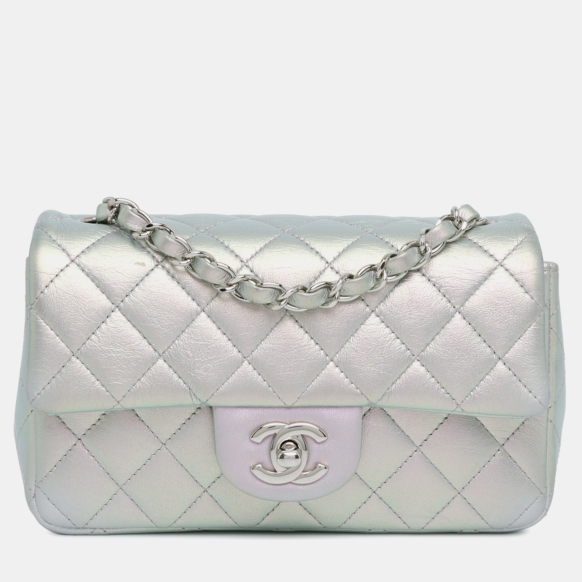 

Chanel Mini Rectangular Classic Iridescent Calfskin Single Flap, Silver