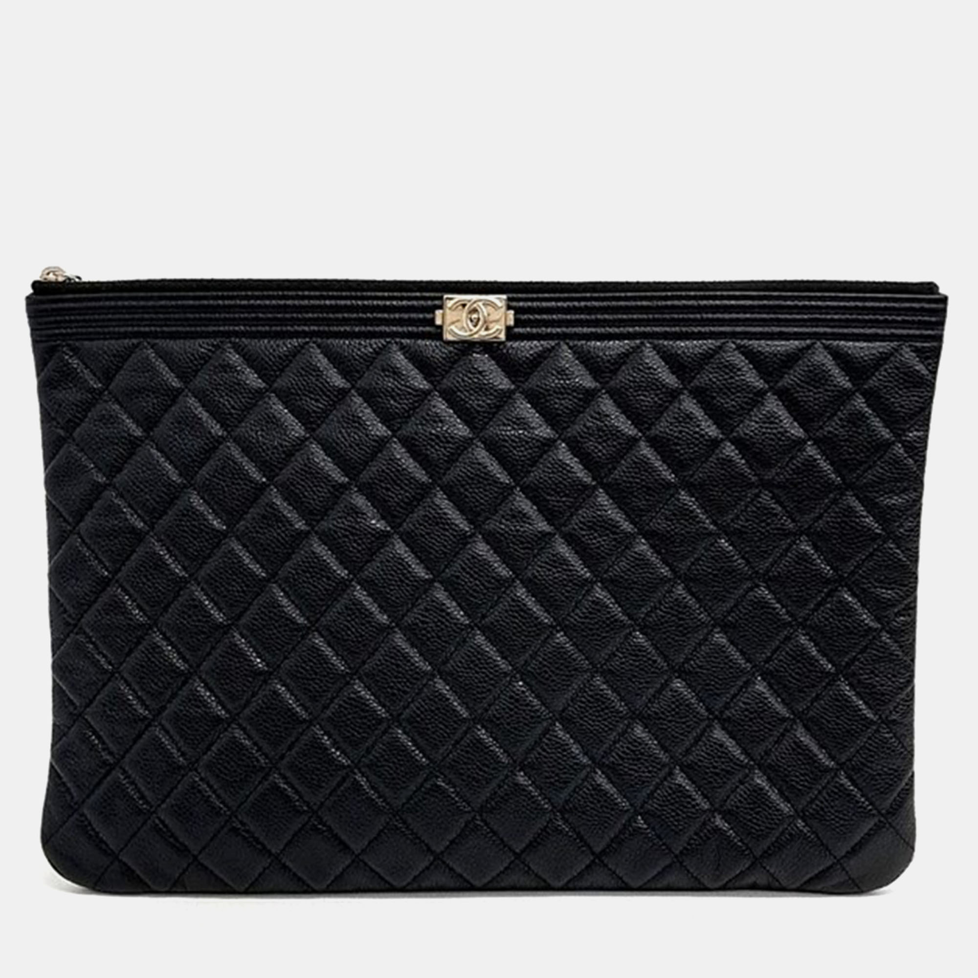 Pre-owned Chanel Caviar Boy Large Clutch In Black