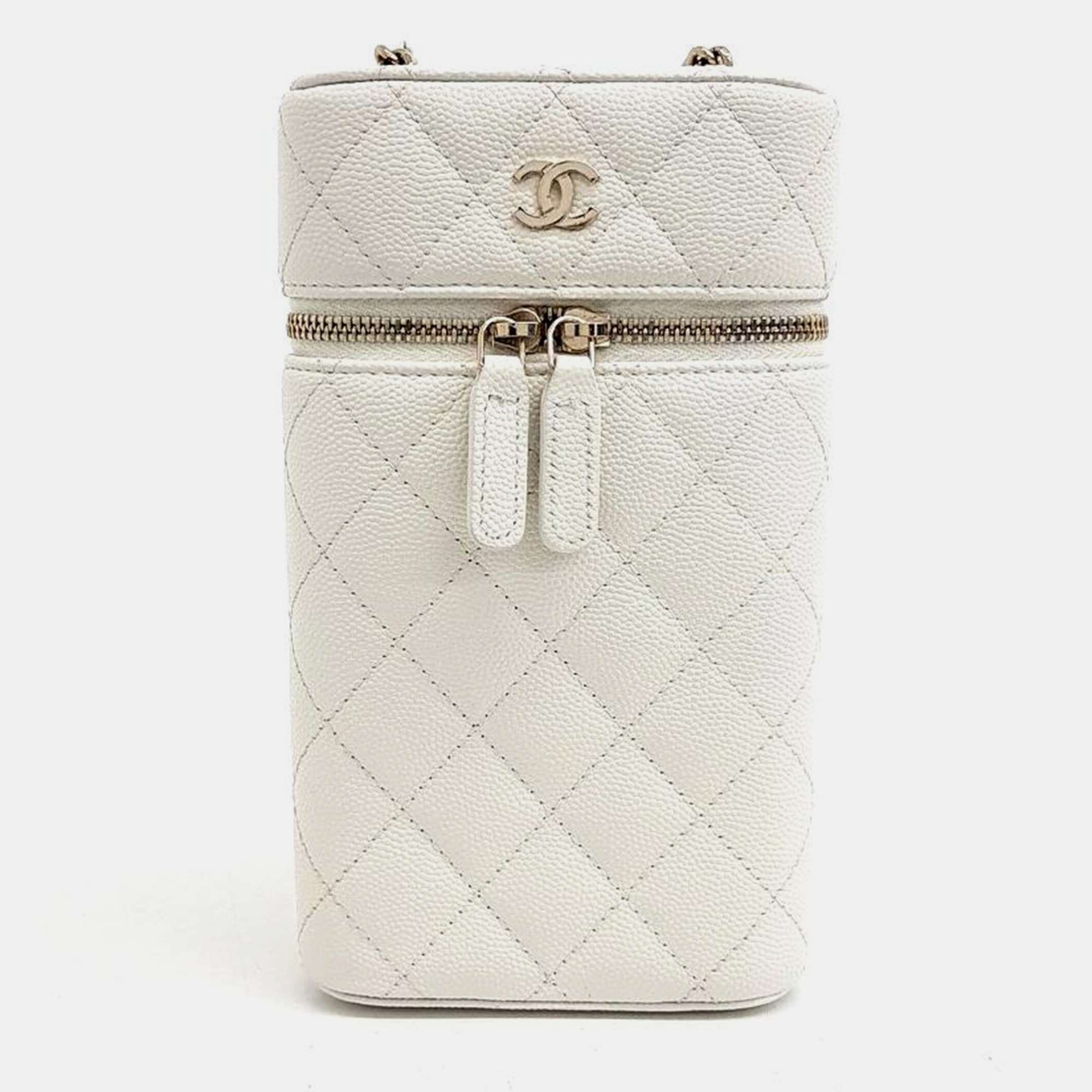 Pre-owned Chanel Caviar Phone Holder And Crossbody Bag In White