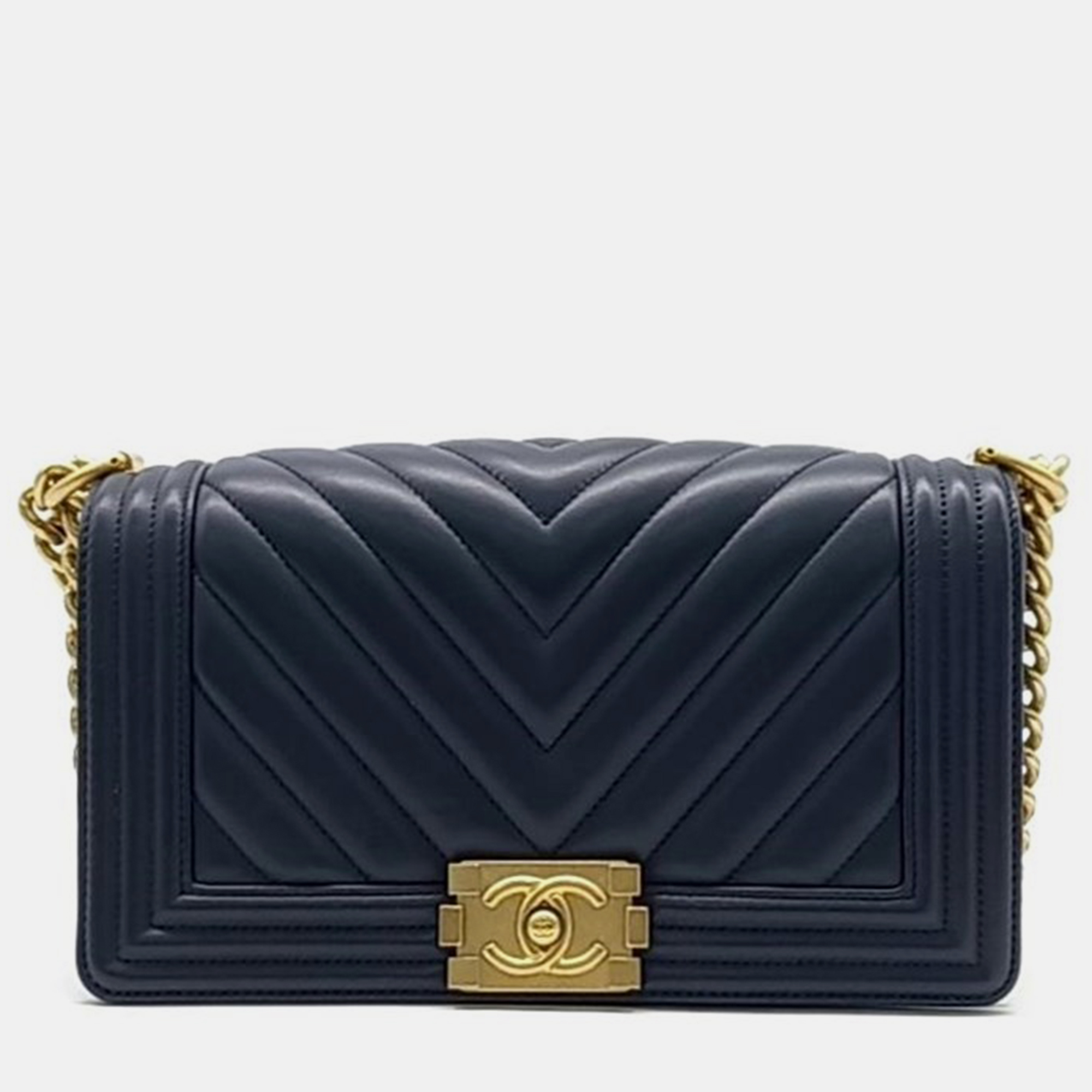 

Chanel Lambskin Chevron Boy Medium Bag, Navy blue