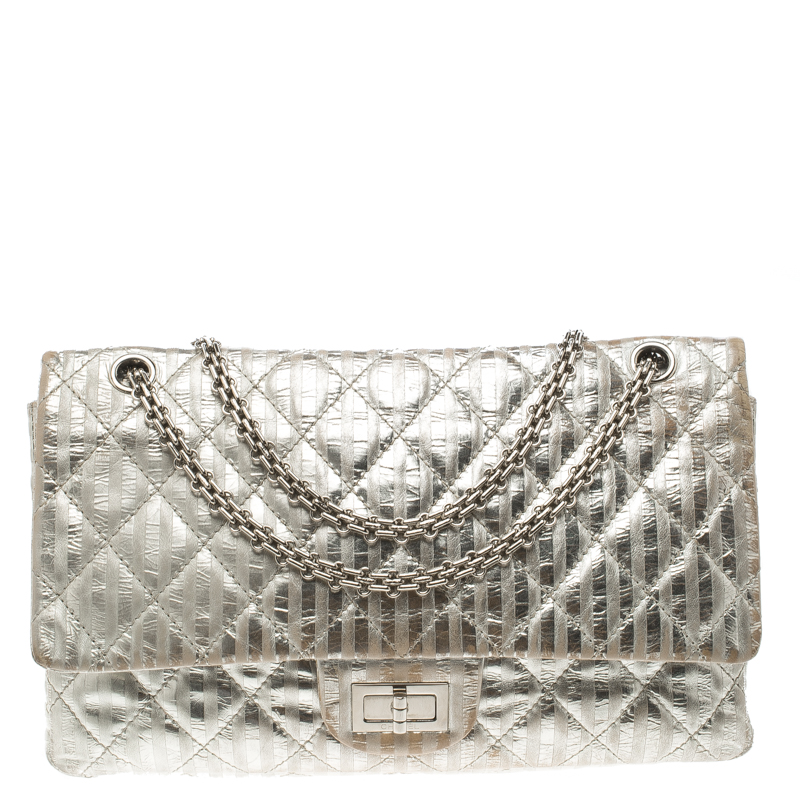 Chanel Silver Quilted Leather Striped Reissue 2.55 Classic 227 Flap Bag