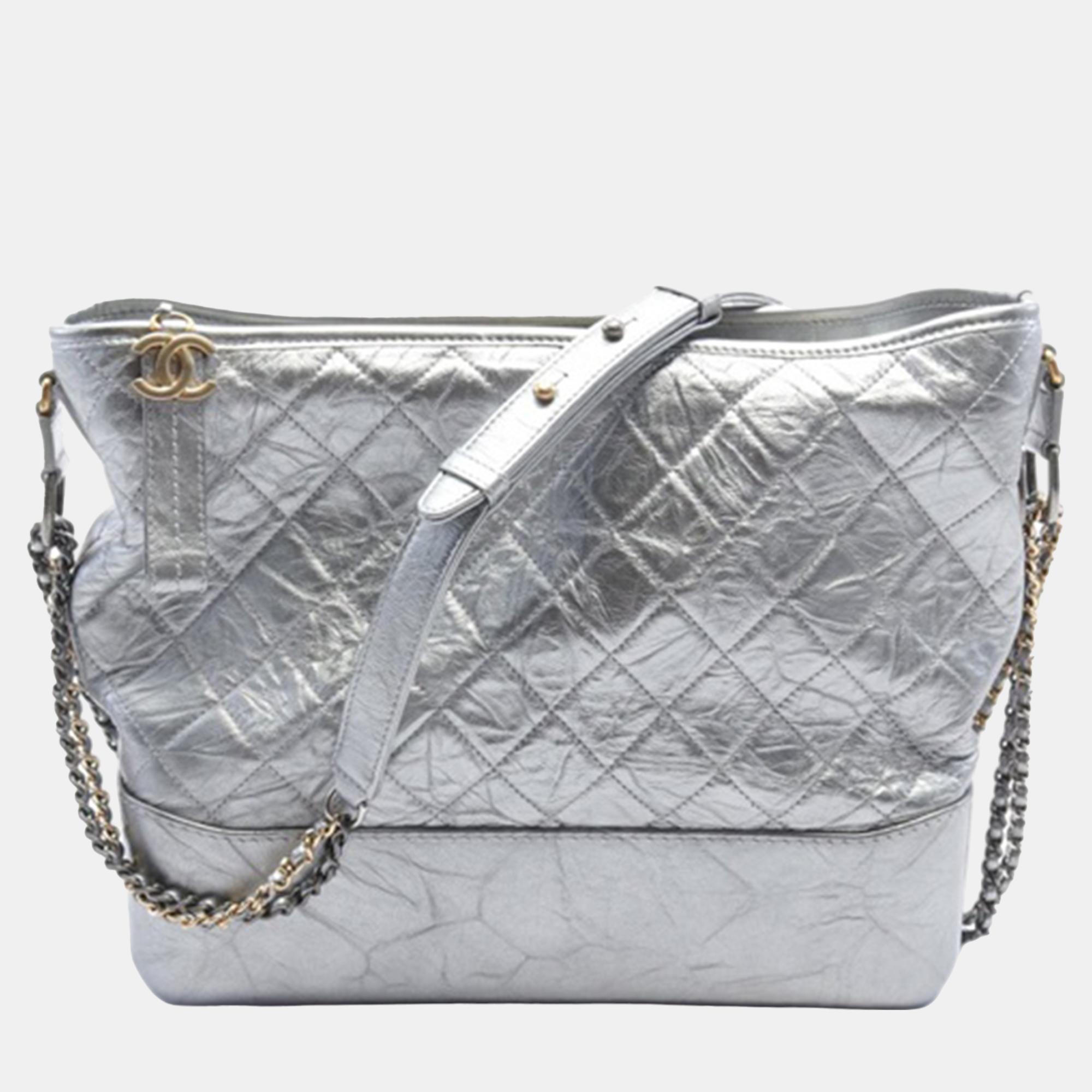 

Chanel Silver Calfskin Leather Large Metallic Aged Gabrielle Crossbody Bag