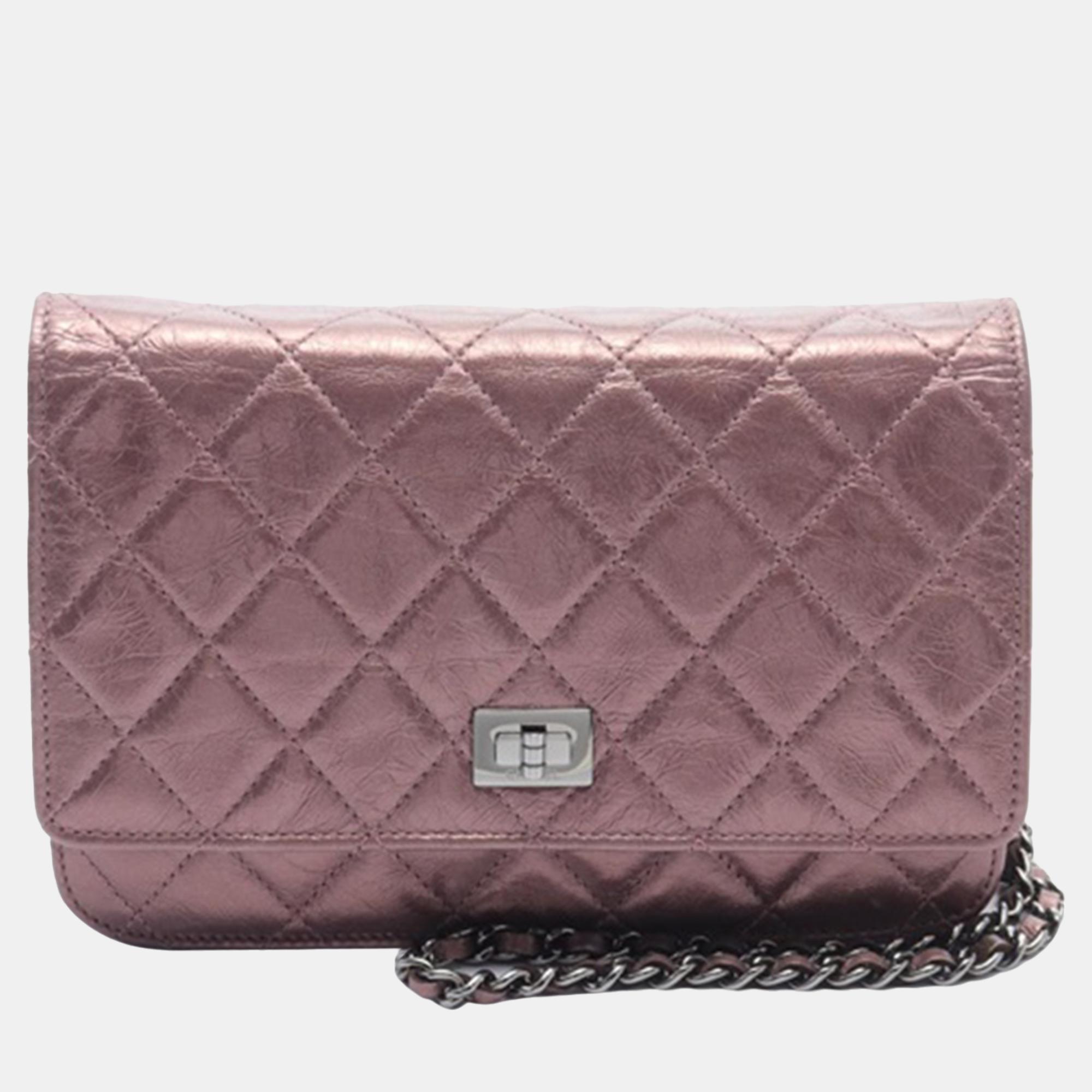 

Chanel Pink Metallic Quilted Aged Calfskin Leather 2.55 Reissue Wallet on Chain