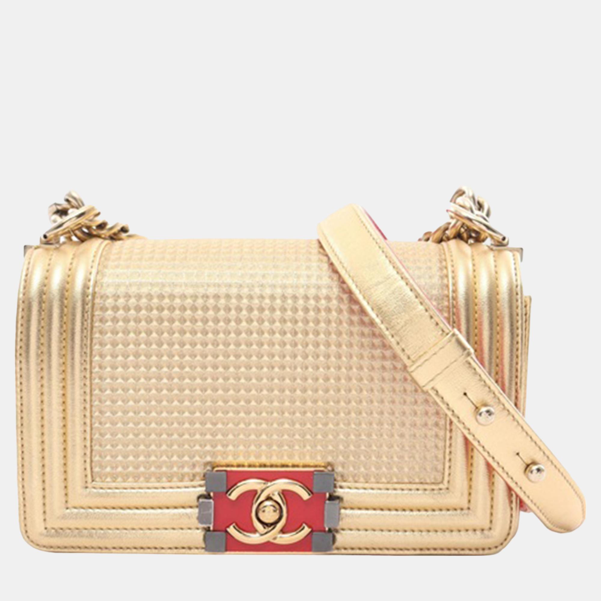 

Chanel Gold Lambskin Leather Small Embossed Cube Boy Flap Bag