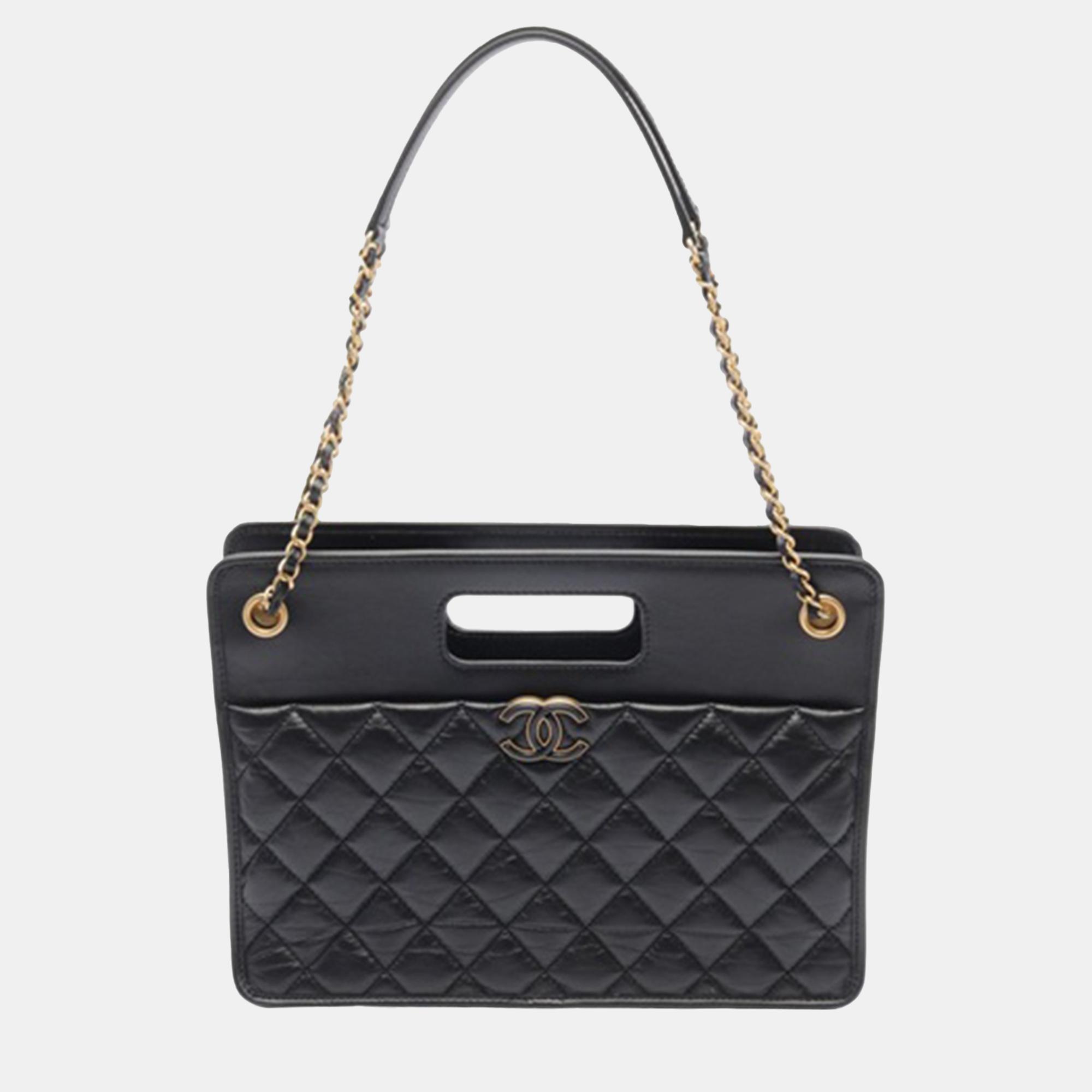 

Chanel Black Aged Calfskin Leather CC Quilted Shopping Tote Bag