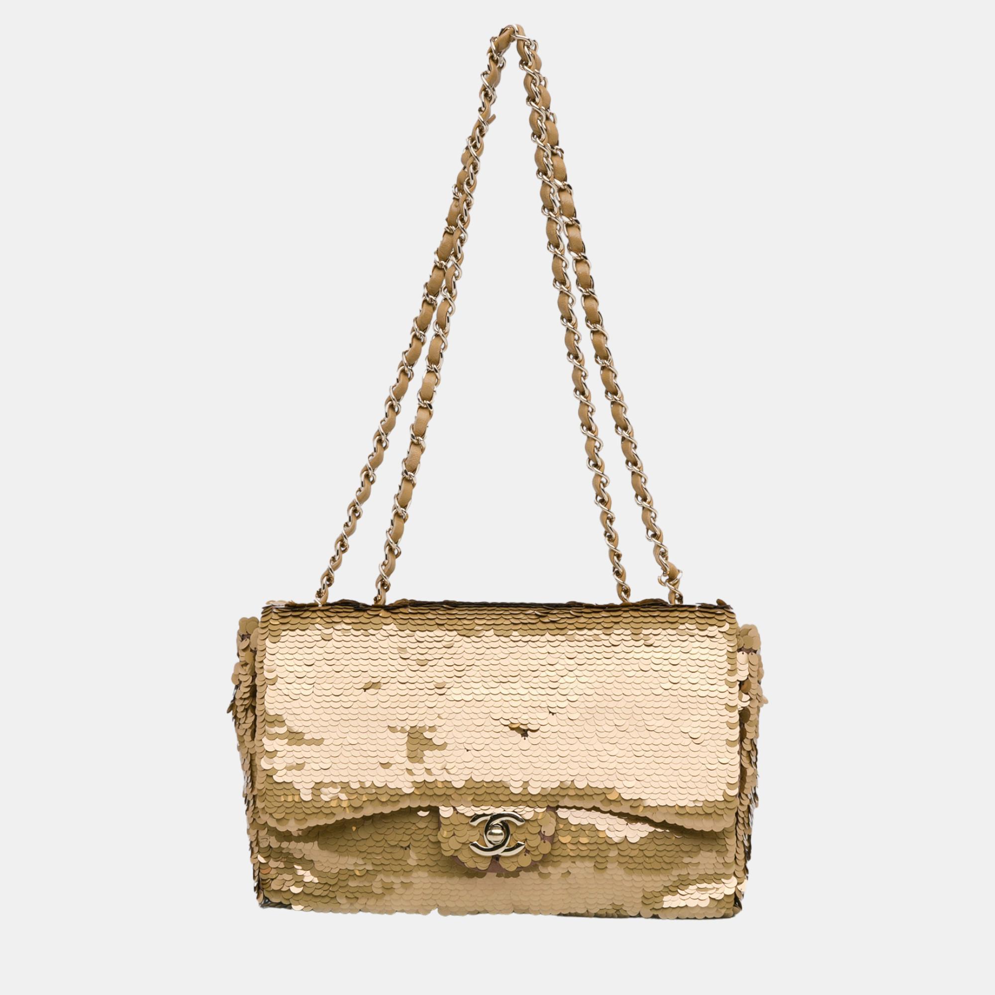 

Chanel Satin and Sequins Gold Medium Single Flap Bag