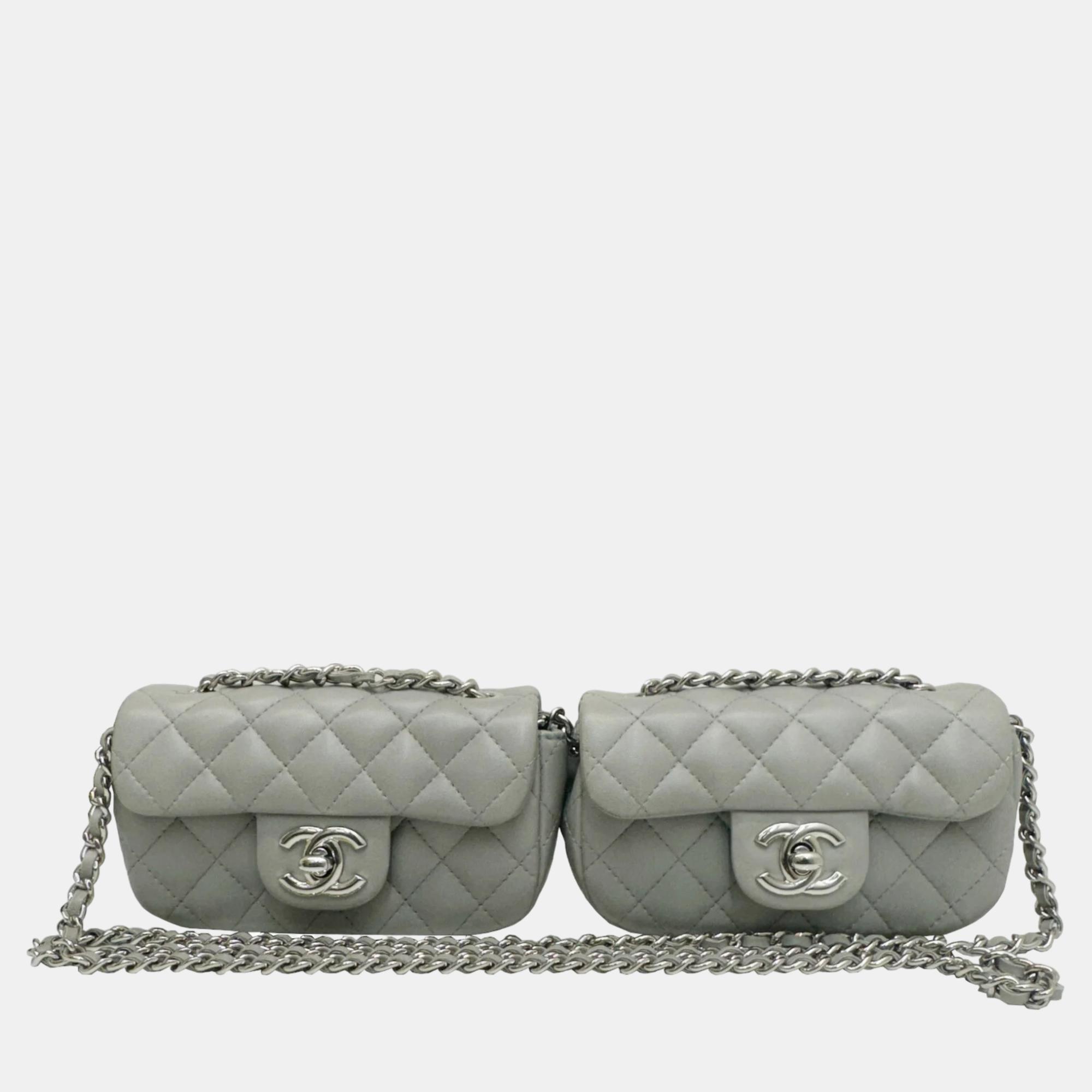 

Chanel Grey Leather Classic Twin Flap Bag