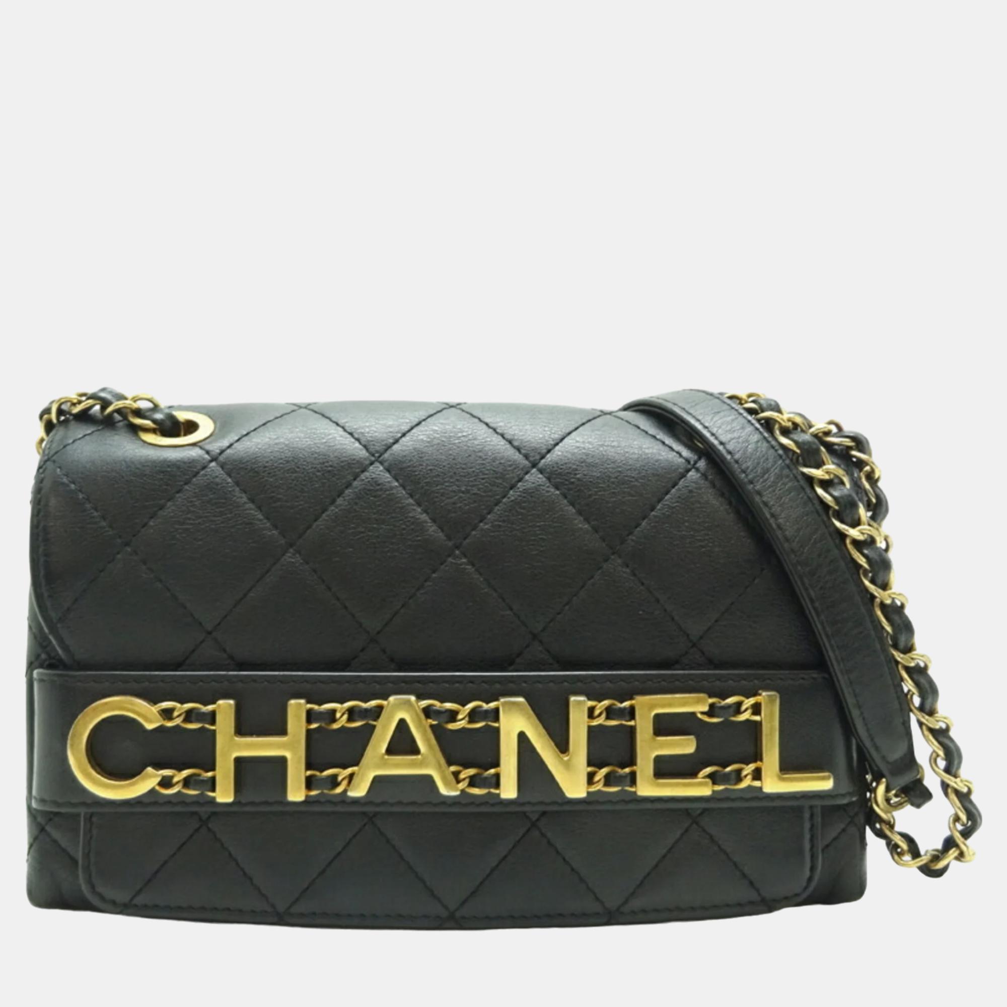 

Chanel Black Quilted Calfskin Medium Logo Enchained Flap Bag