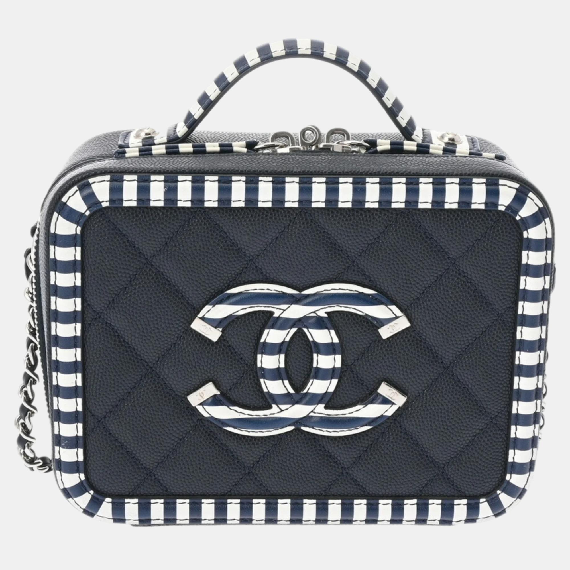 

Chanel Navy Blue/White Caviar Quilted Striped Small CC Filigree Vanity Case