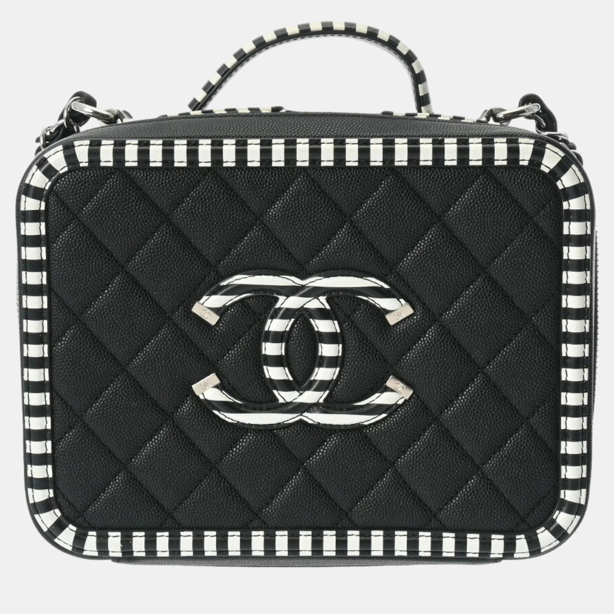 

Chanel Black/White Caviar Quilted Striped Small CC Filigree Vanity Case