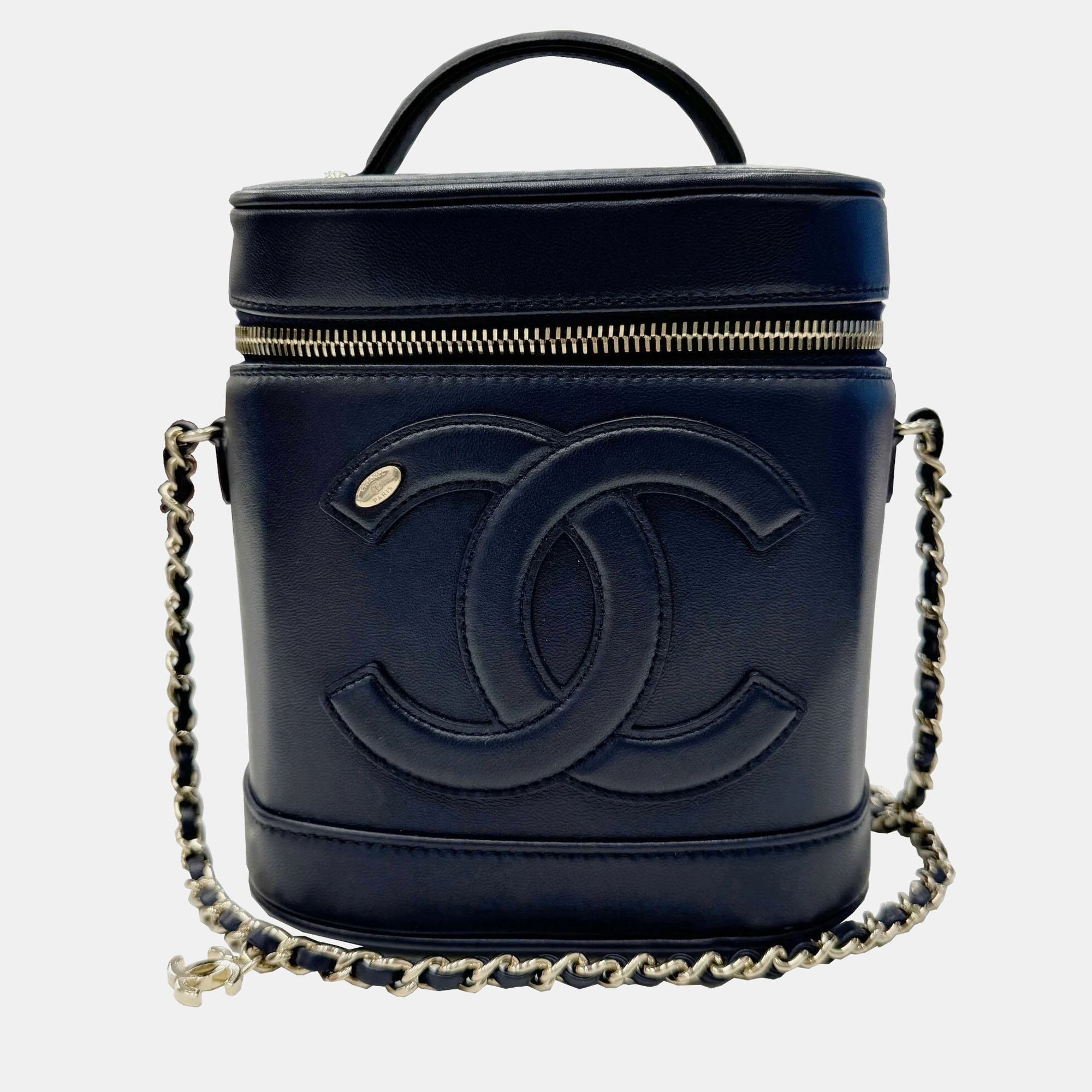 

Chanel Navy Blue Lambskin CC Vanity Case with Chain, Black