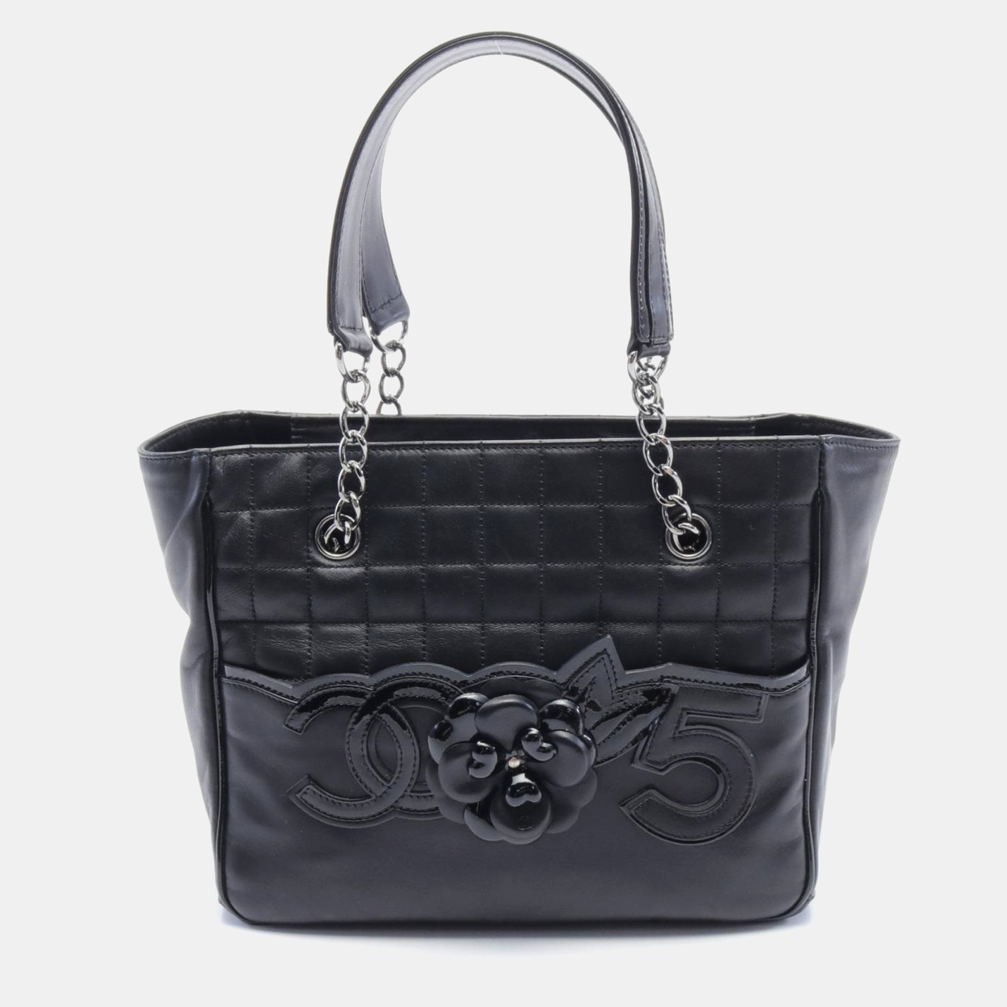 

Chanel Black Leather Chocolate Bar Camellia Tote Bag