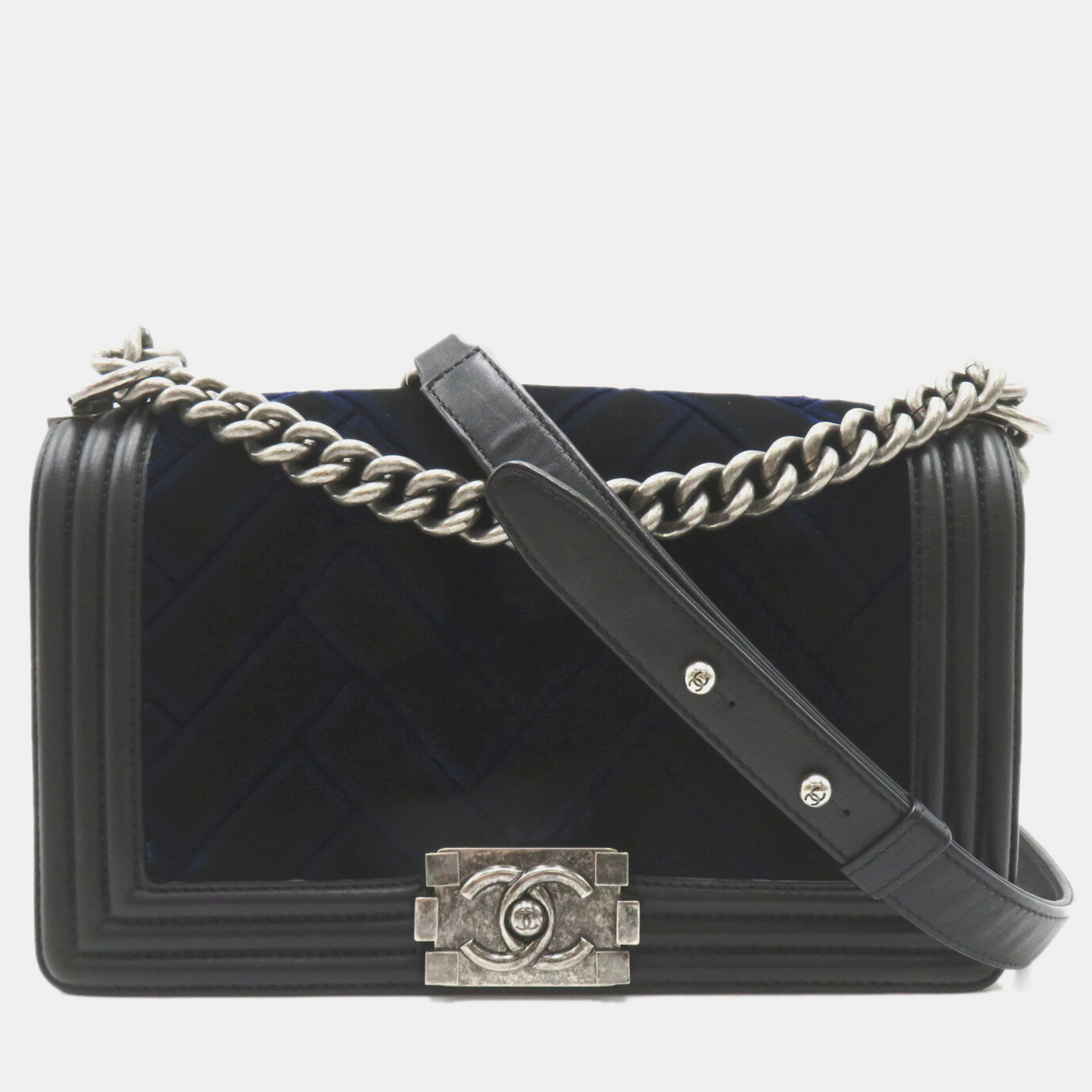

Chanel Blue/Black Leather and Velvet Old Medium Boy Flap Bag