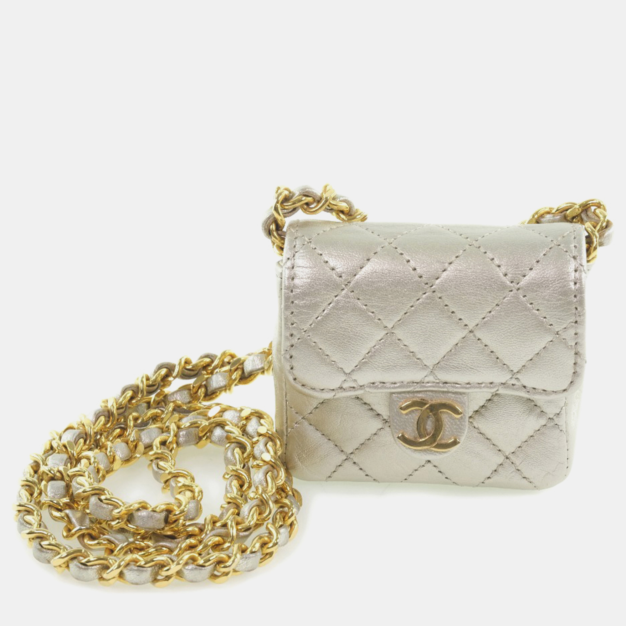 Pre-owned Chanel Gold Quilted Lambskin Micro Flap Bag In Silver