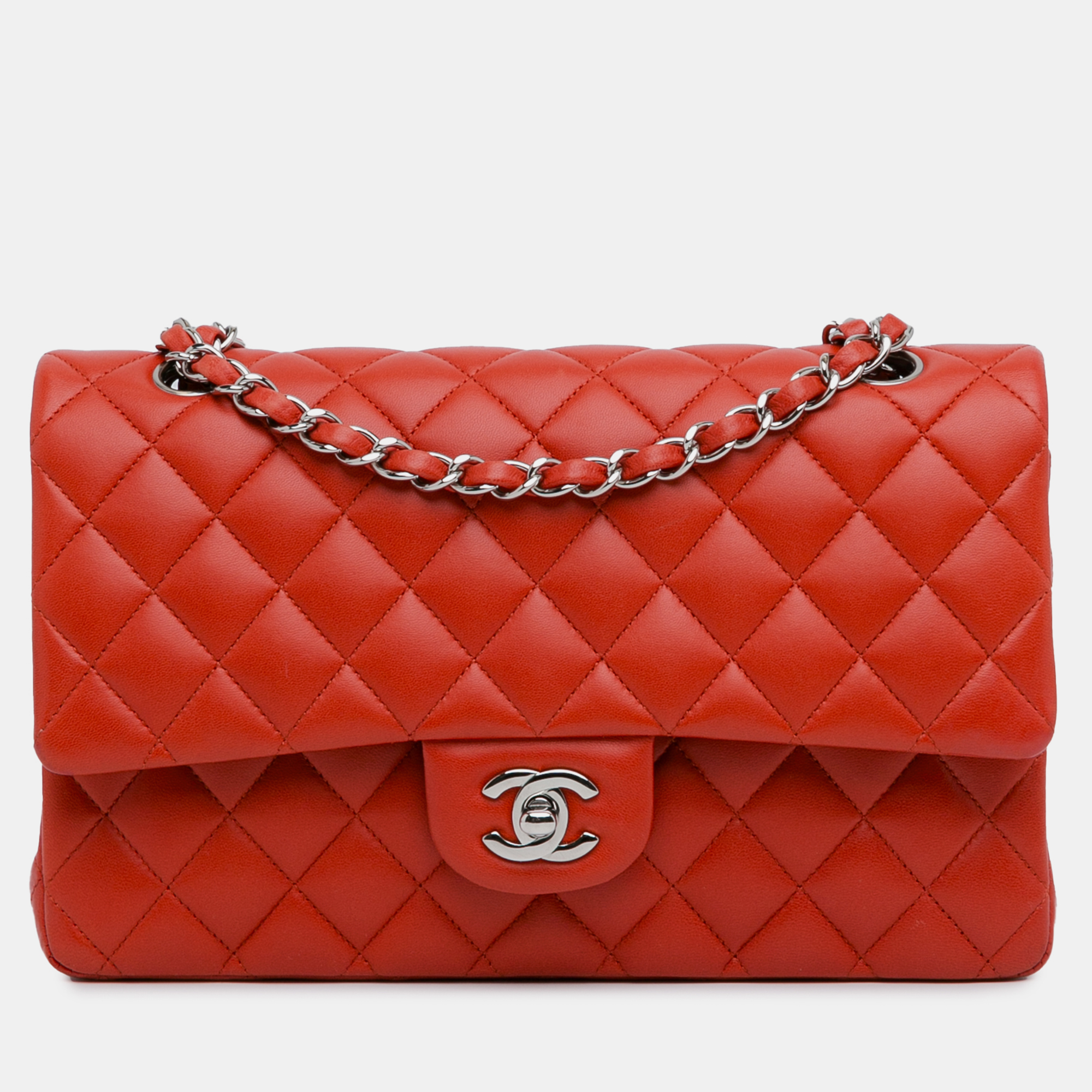 Pre-owned Chanel Medium Classic Lambskin Double Flap In Red