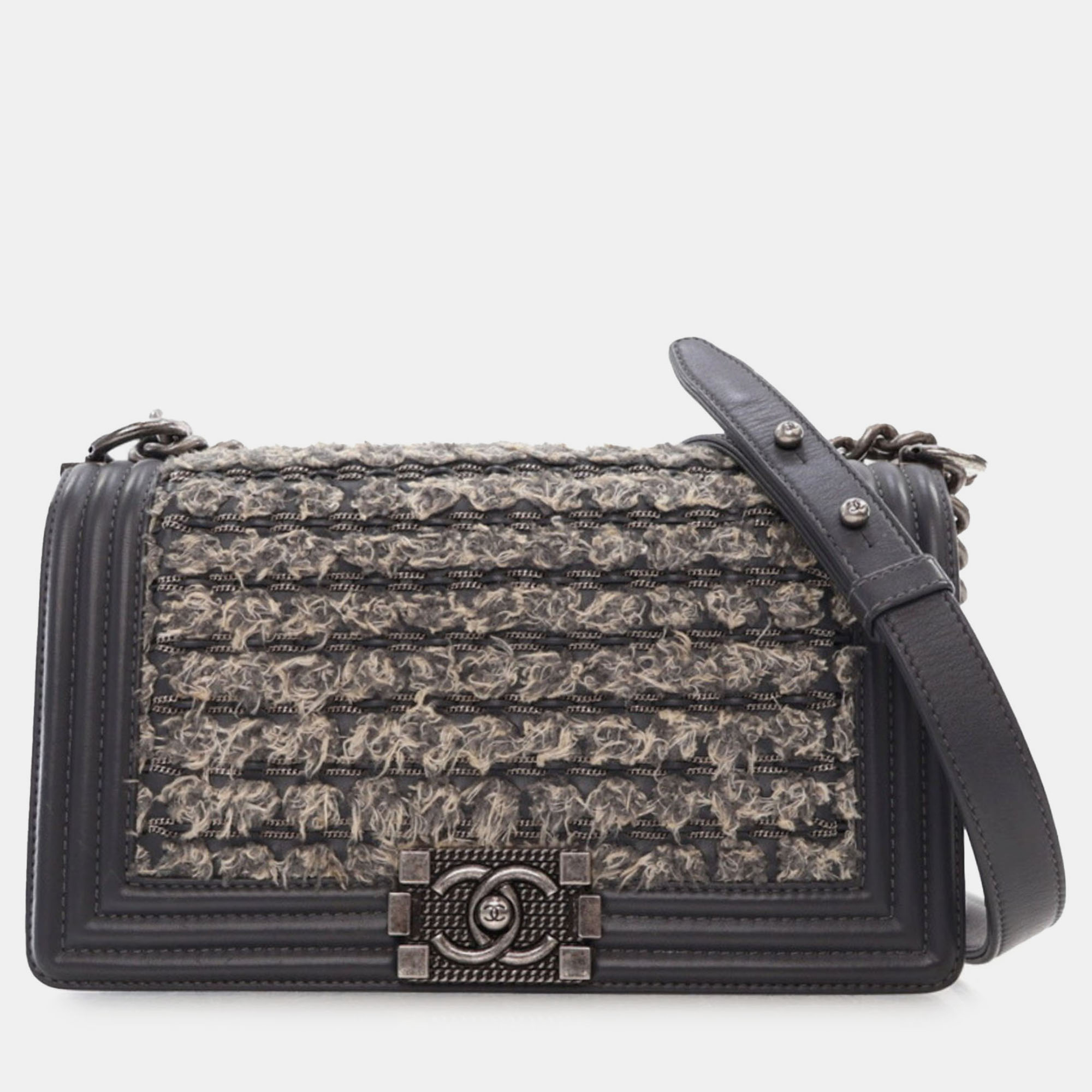 

Chanel Gray Tweed and Calfskin Leather Medium Braided Boy Flap Bag, Grey