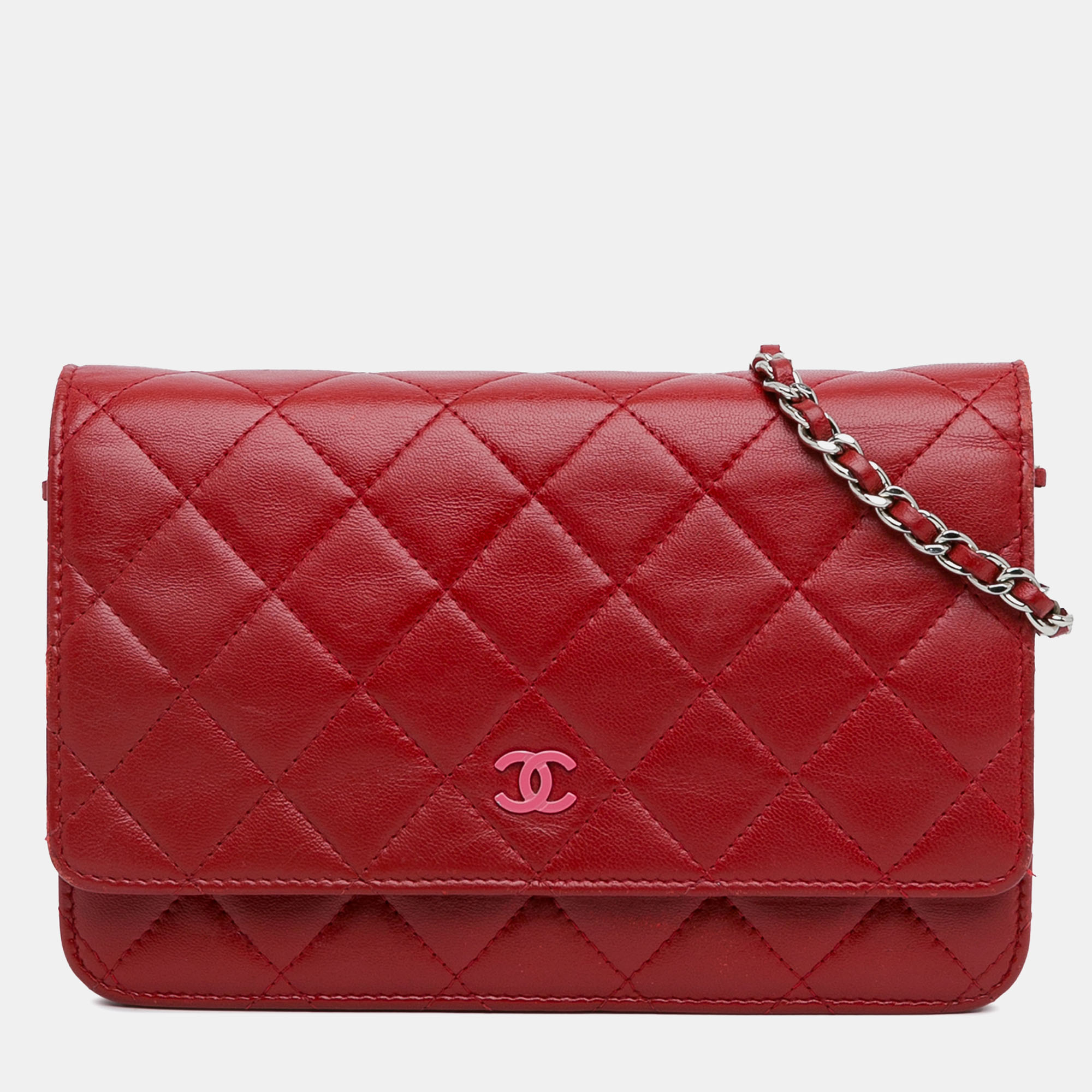 Pre-owned Chanel Classic Lambskin Wallet On Chain In Red