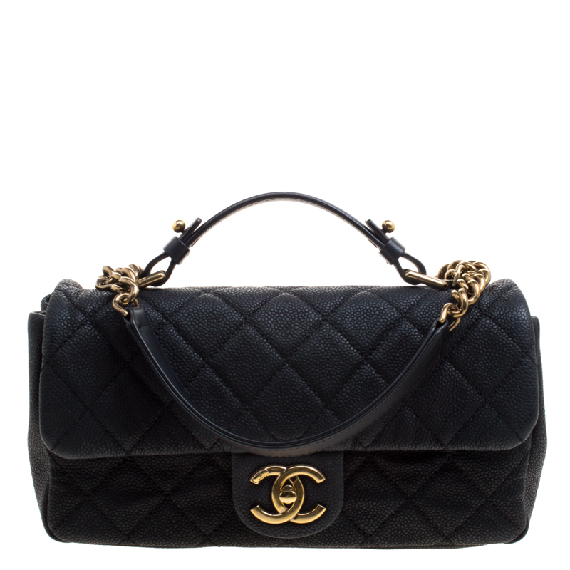 Pre Owned Chanel Matte Black Quilted Leather Classic Flap Top Handle Bag