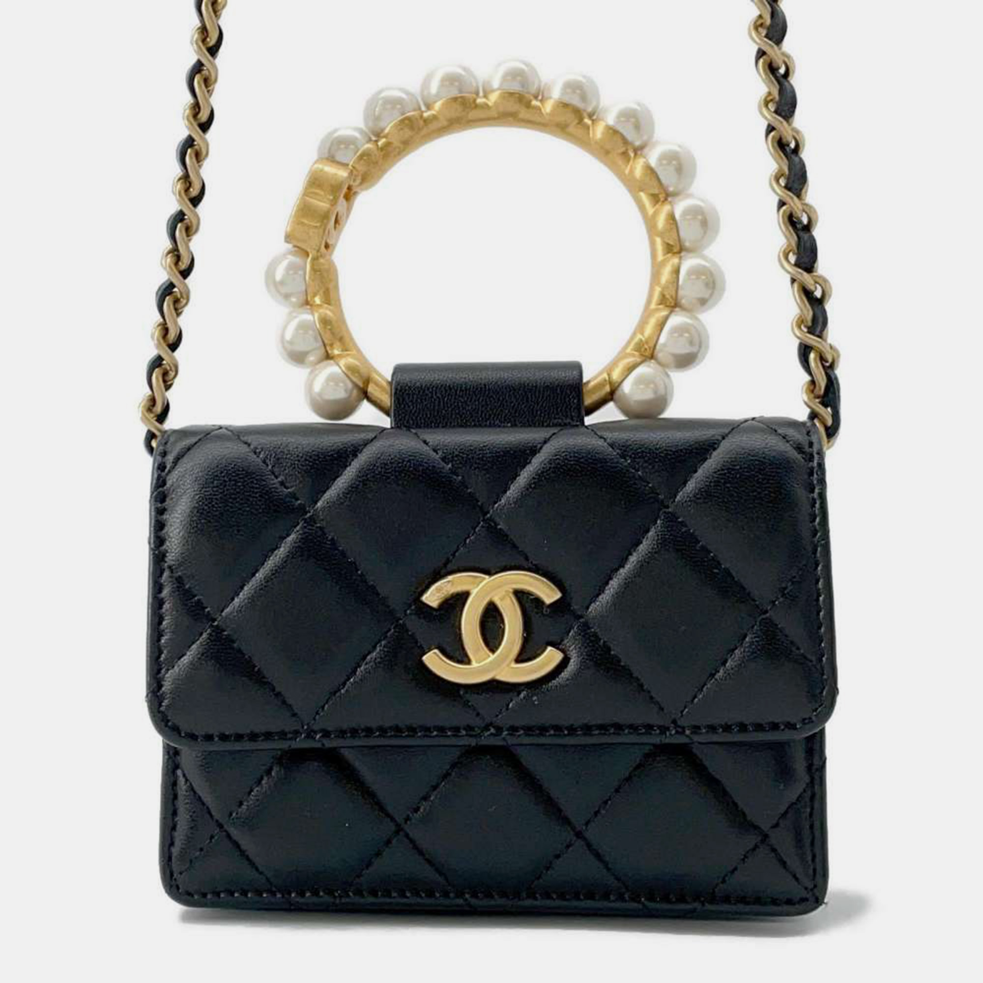

Chanel Black Leather Pearl Crown Clutch On Chain