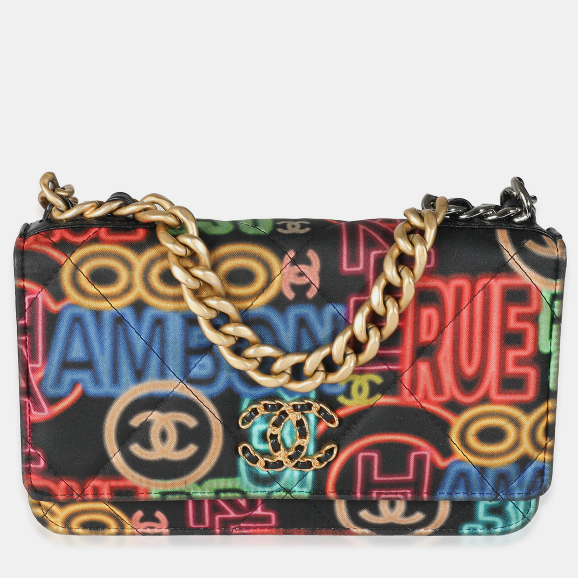 

Chanel Black Quilted Multicolor Printed Nylon 19 Wallet on Chain