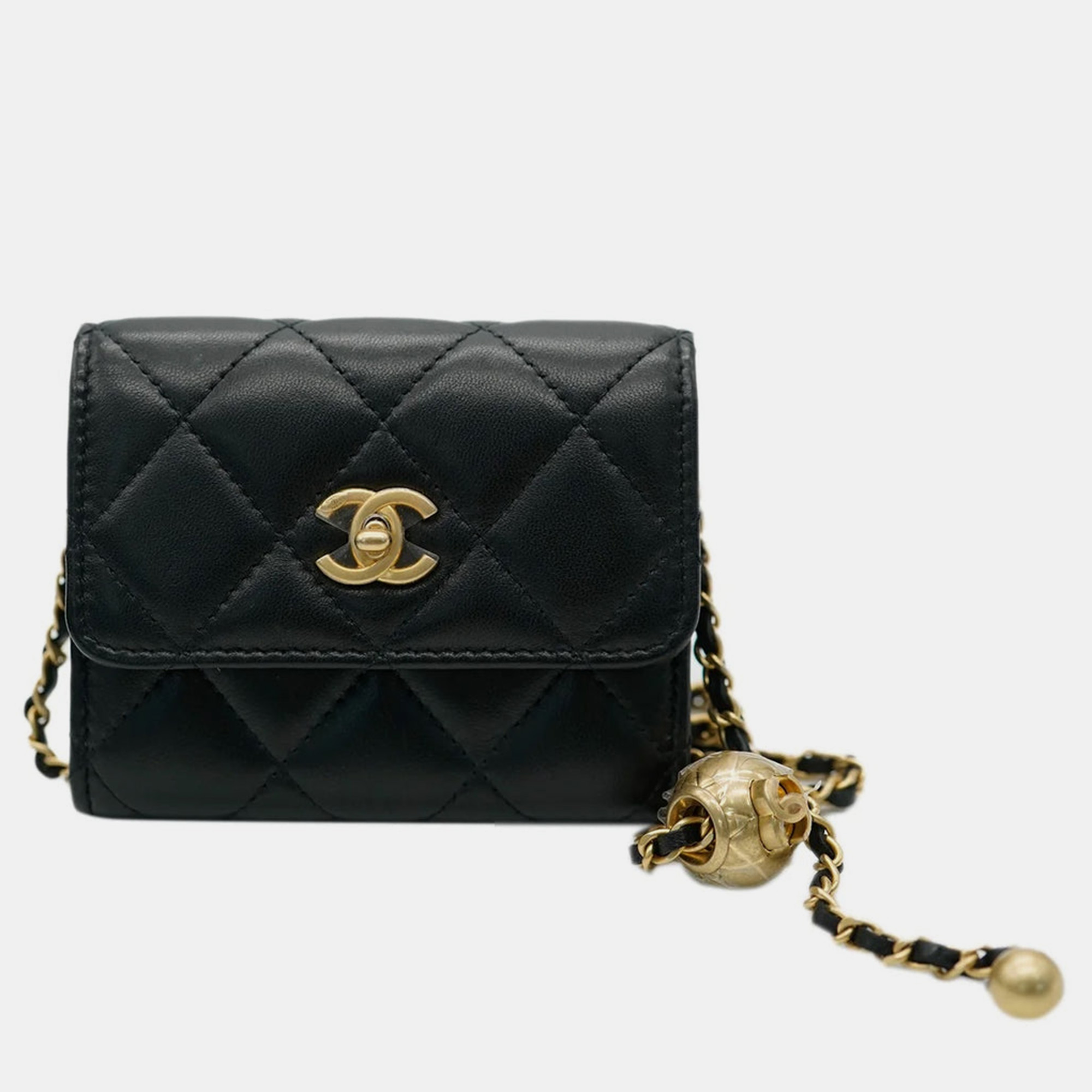 

Chanel Black Quilted Lambskin Pearl Crush Card Holder On Chain