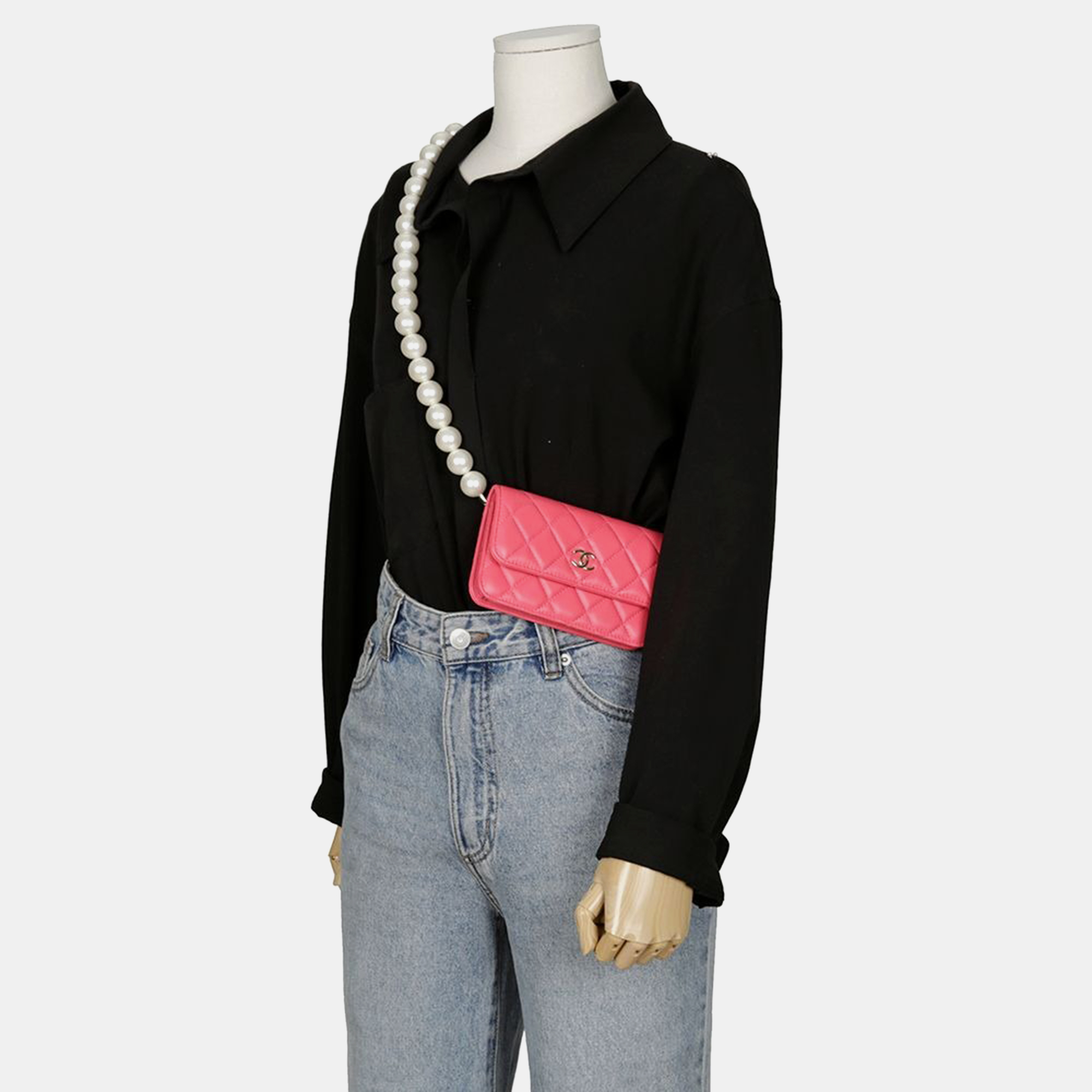 Chanel Pink Leather Pearl Mini Wallet On Chain 