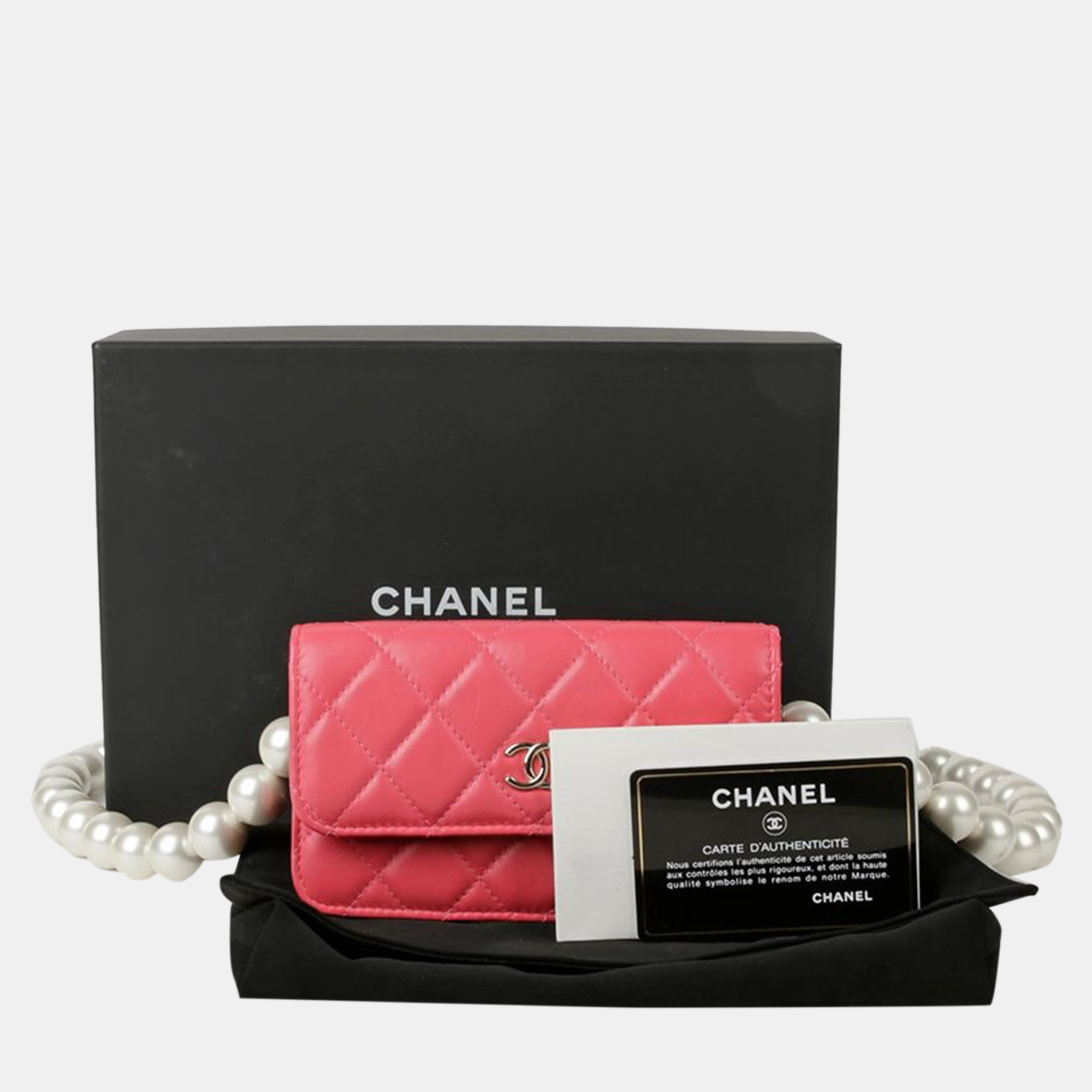 Chanel Pink Leather Pearl Mini Wallet On Chain 
