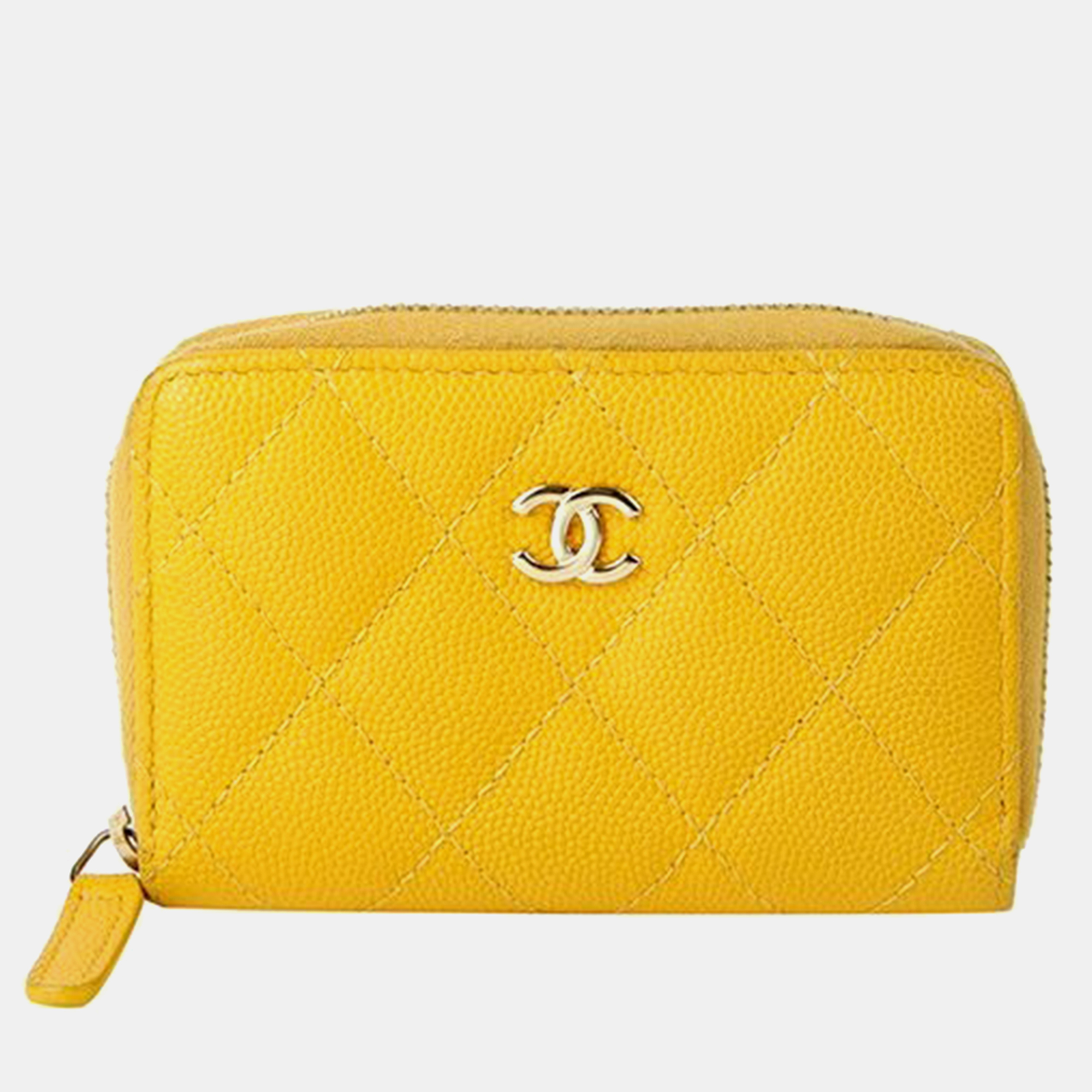 Pre-owned Chanel Yellow Caviar Leather Cc Wallet