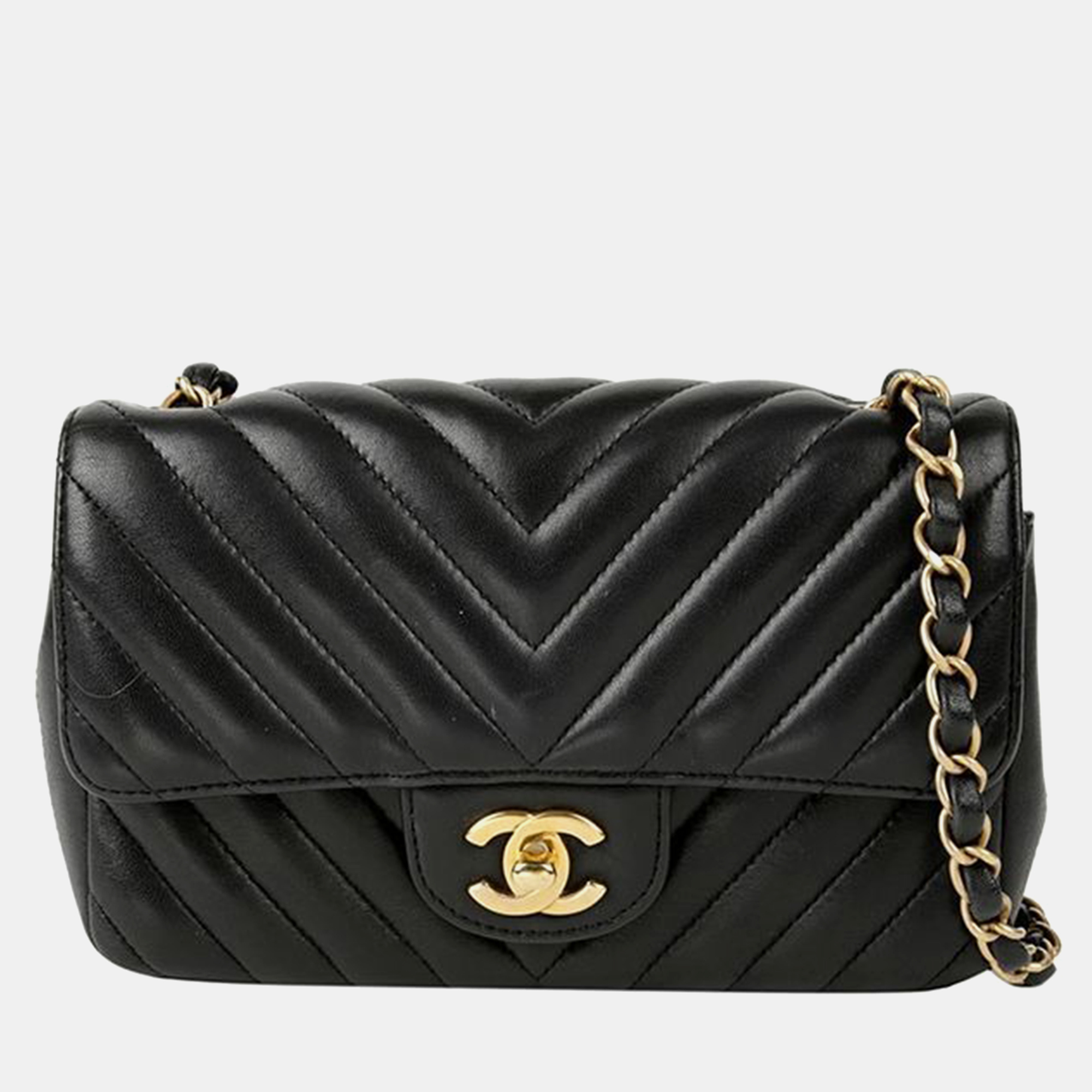 

Chanel Black Chevron Lambskin Leather Mini Classic Single Flap Shoulder Bag