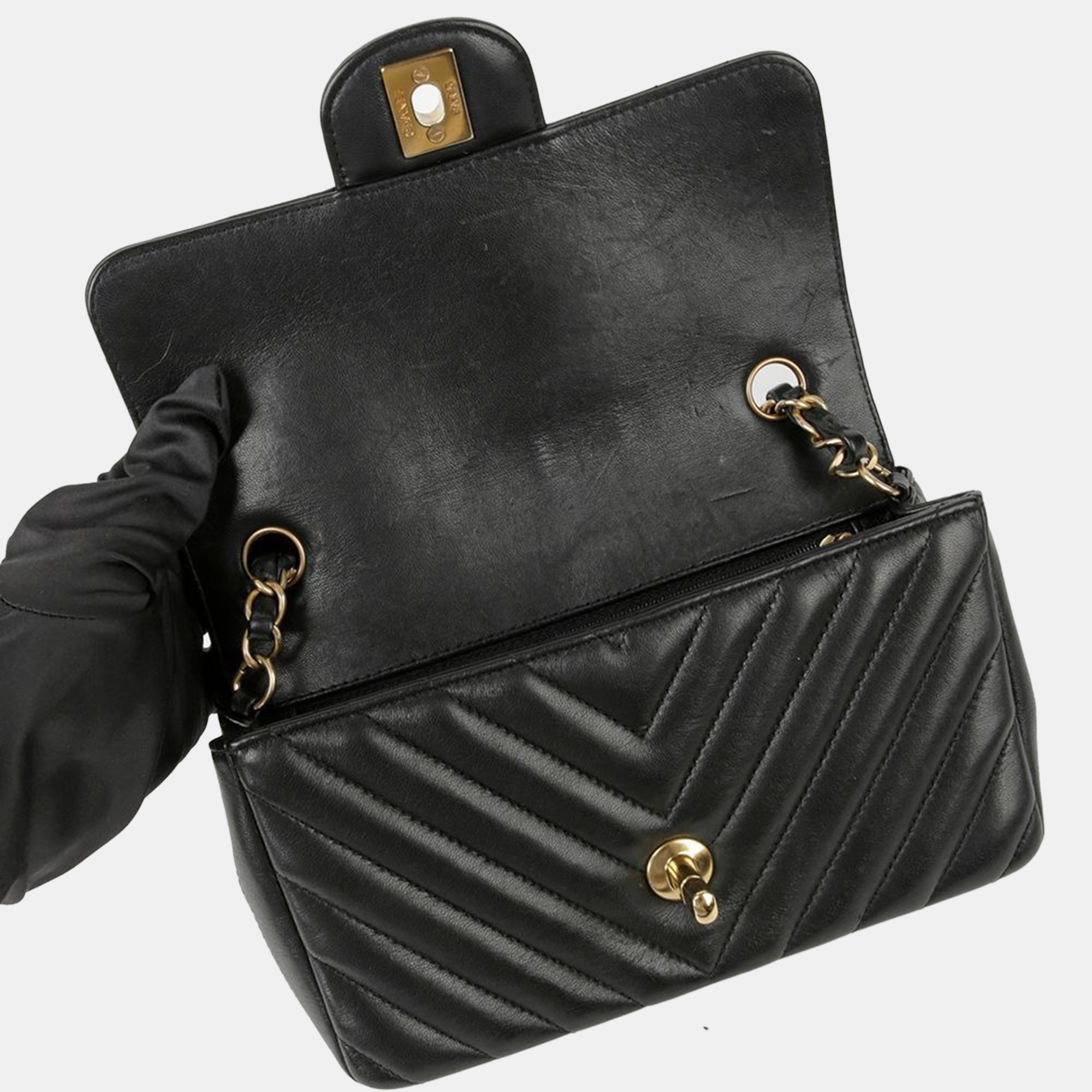Chanel Black Chevron Lambskin Leather Mini Classic Single Flap Shoulder Bag 
