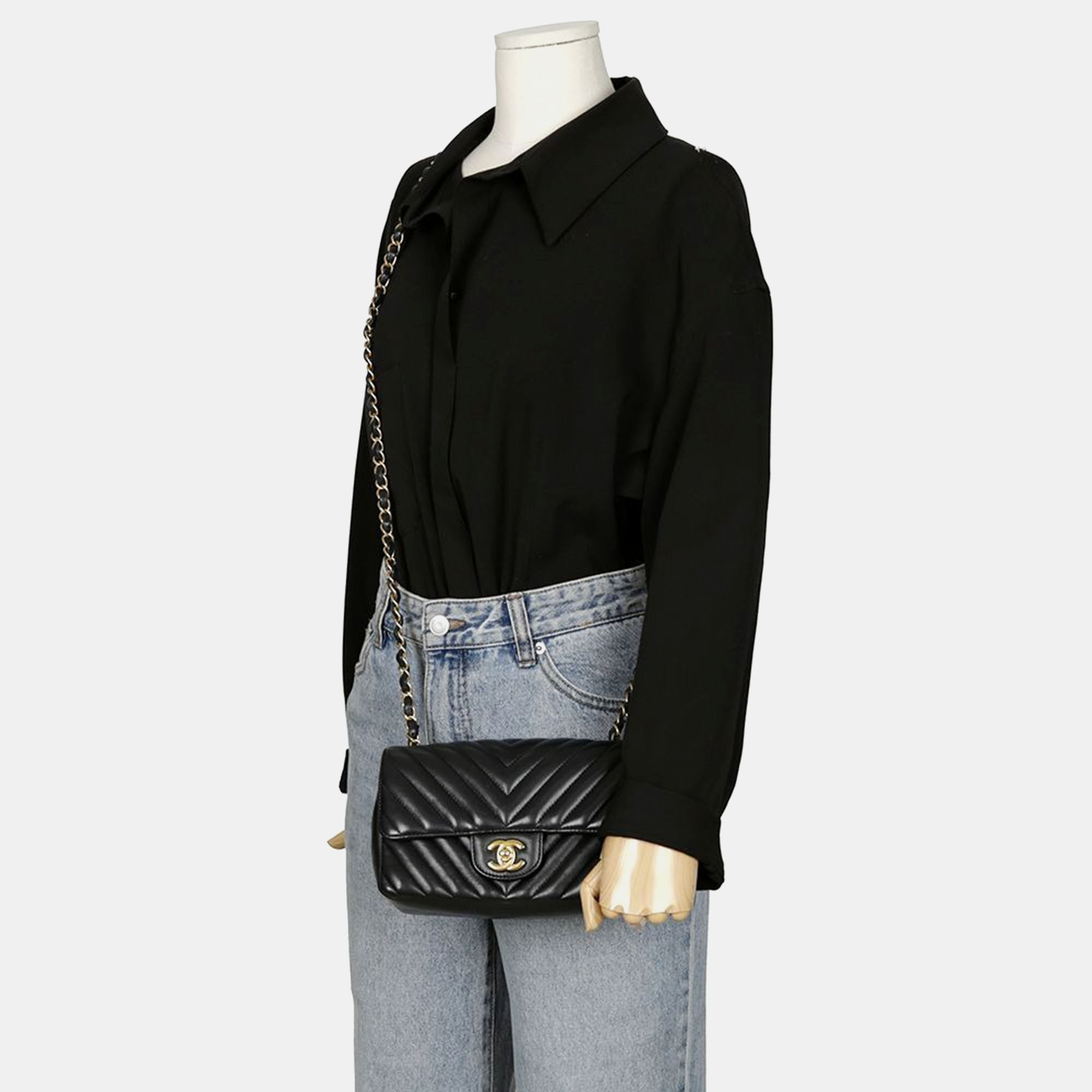 Chanel Black Chevron Lambskin Leather Mini Classic Single Flap Shoulder Bag 