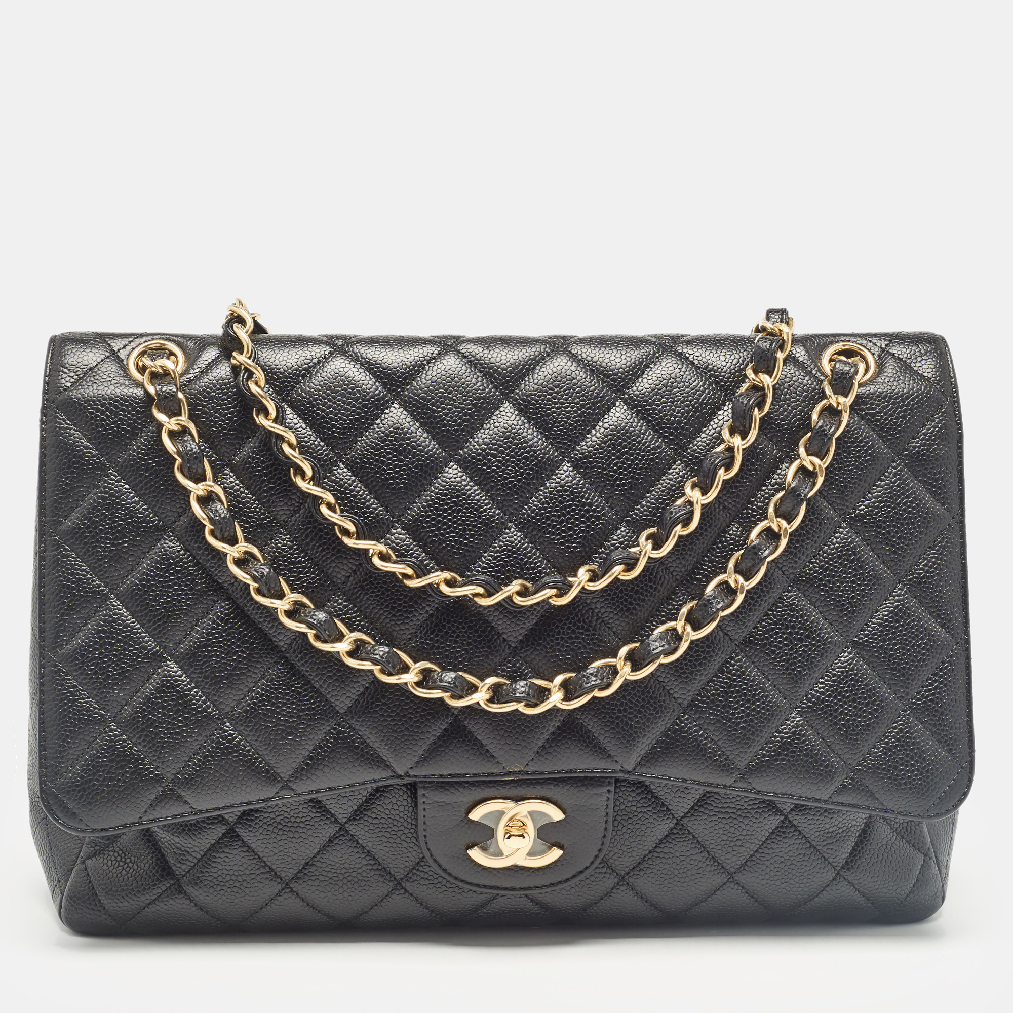 

Chanel Black Quilted Caviar Leather Maxi Classic Single Flap Bag