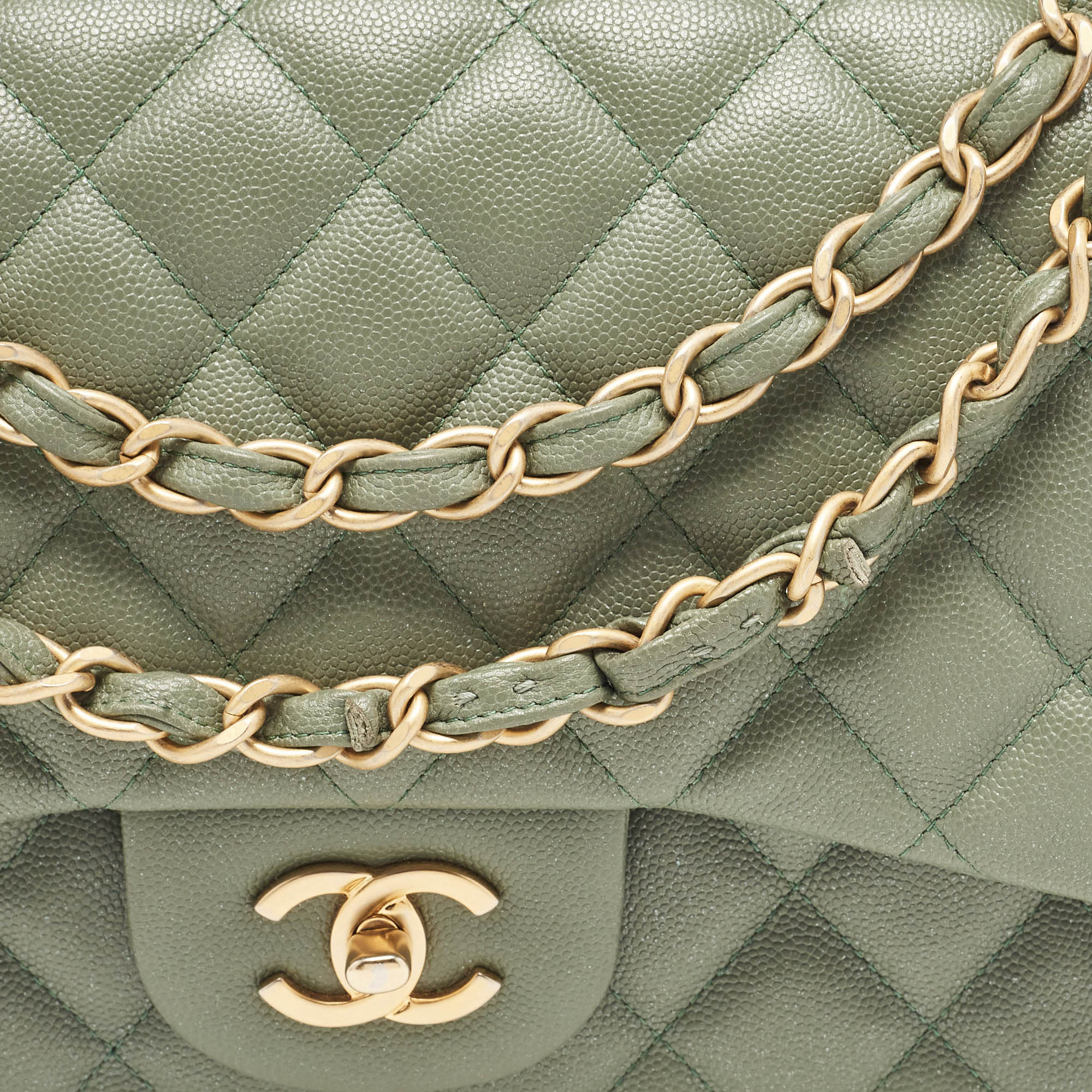 Chanel Green Quilted Caviar Leather Jumbo Classic Double Flap Bag 