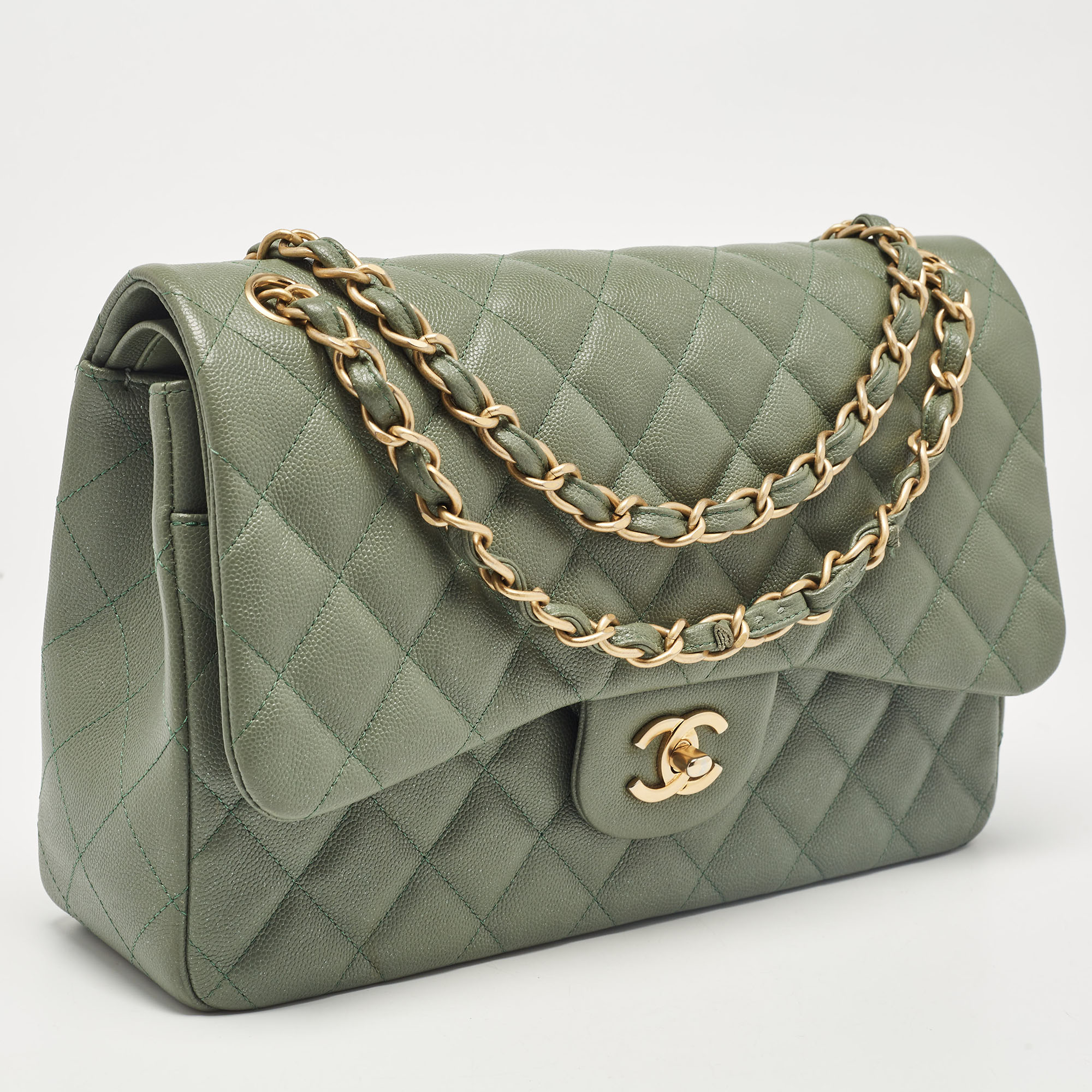 Chanel Green Quilted Caviar Leather Jumbo Classic Double Flap Bag 