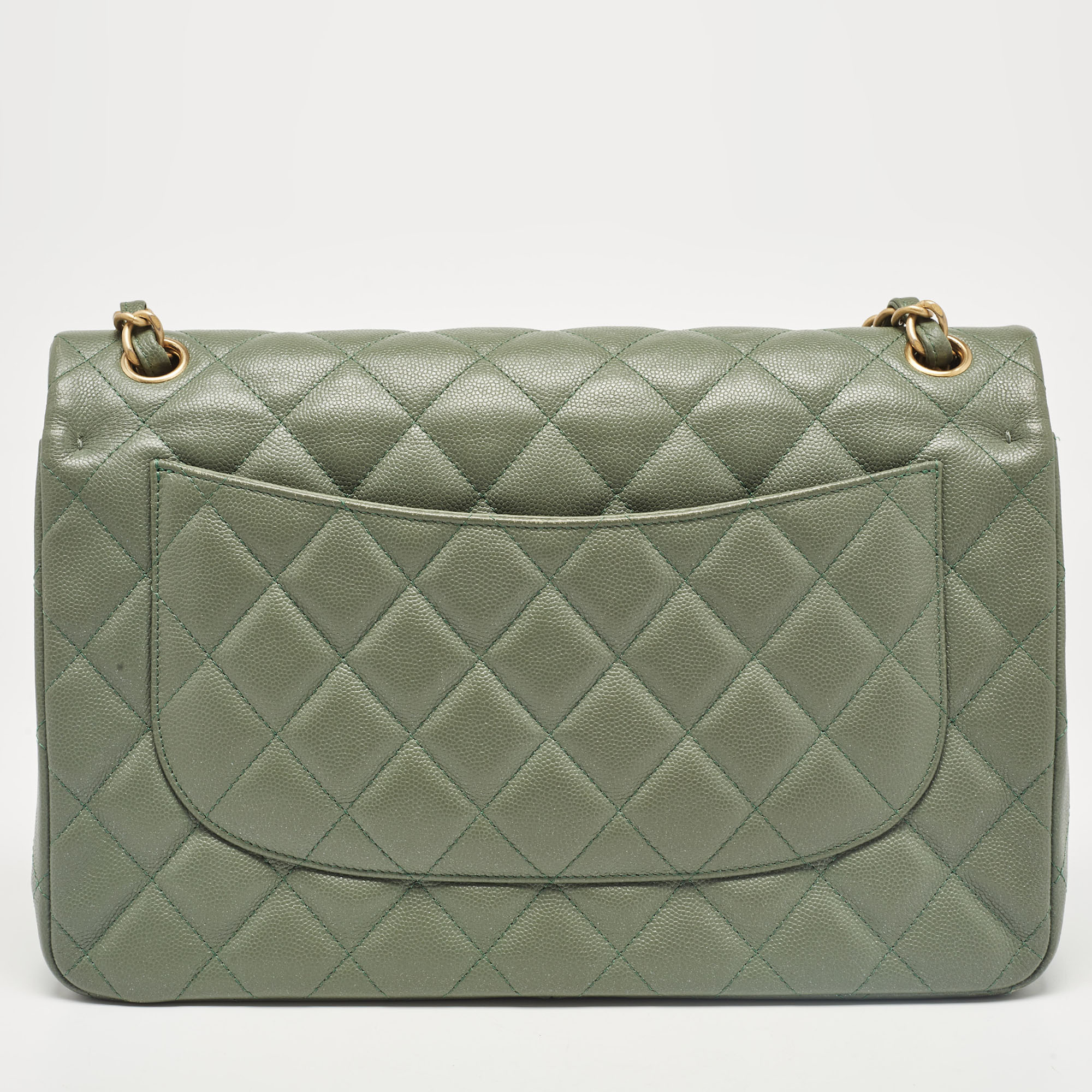 Chanel Green Quilted Caviar Leather Jumbo Classic Double Flap Bag 
