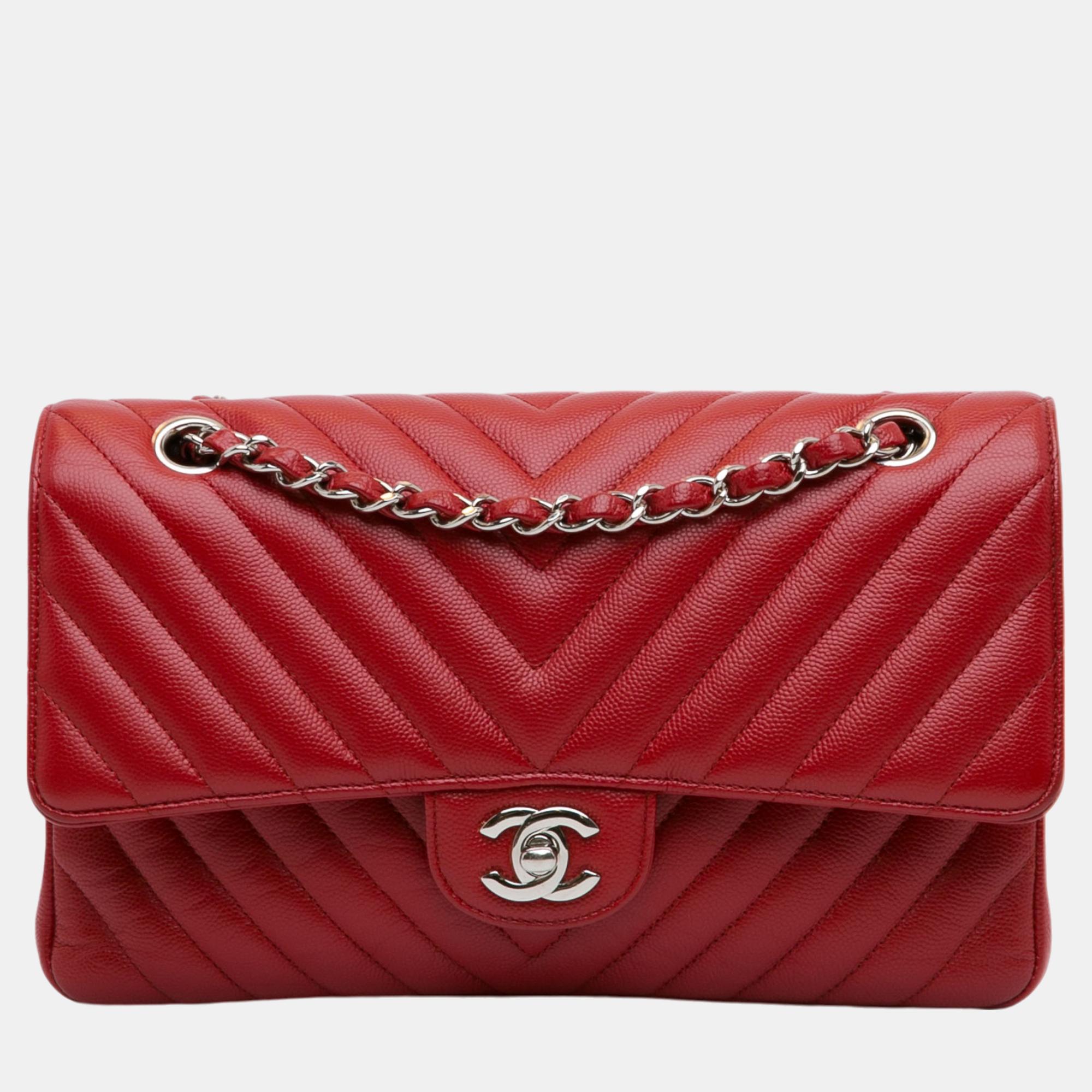 Pre-owned Chanel Red Medium Classic Chevron Caviar Double Flap