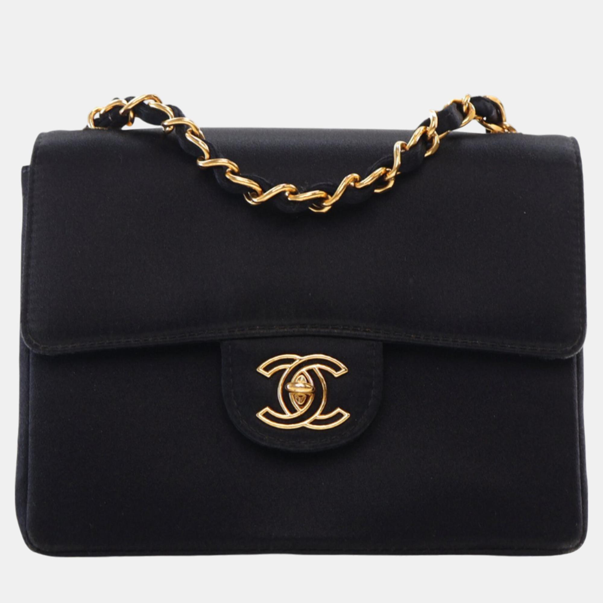 Pre-owned Chanel Black Mini Square Classic Satin Single Flap