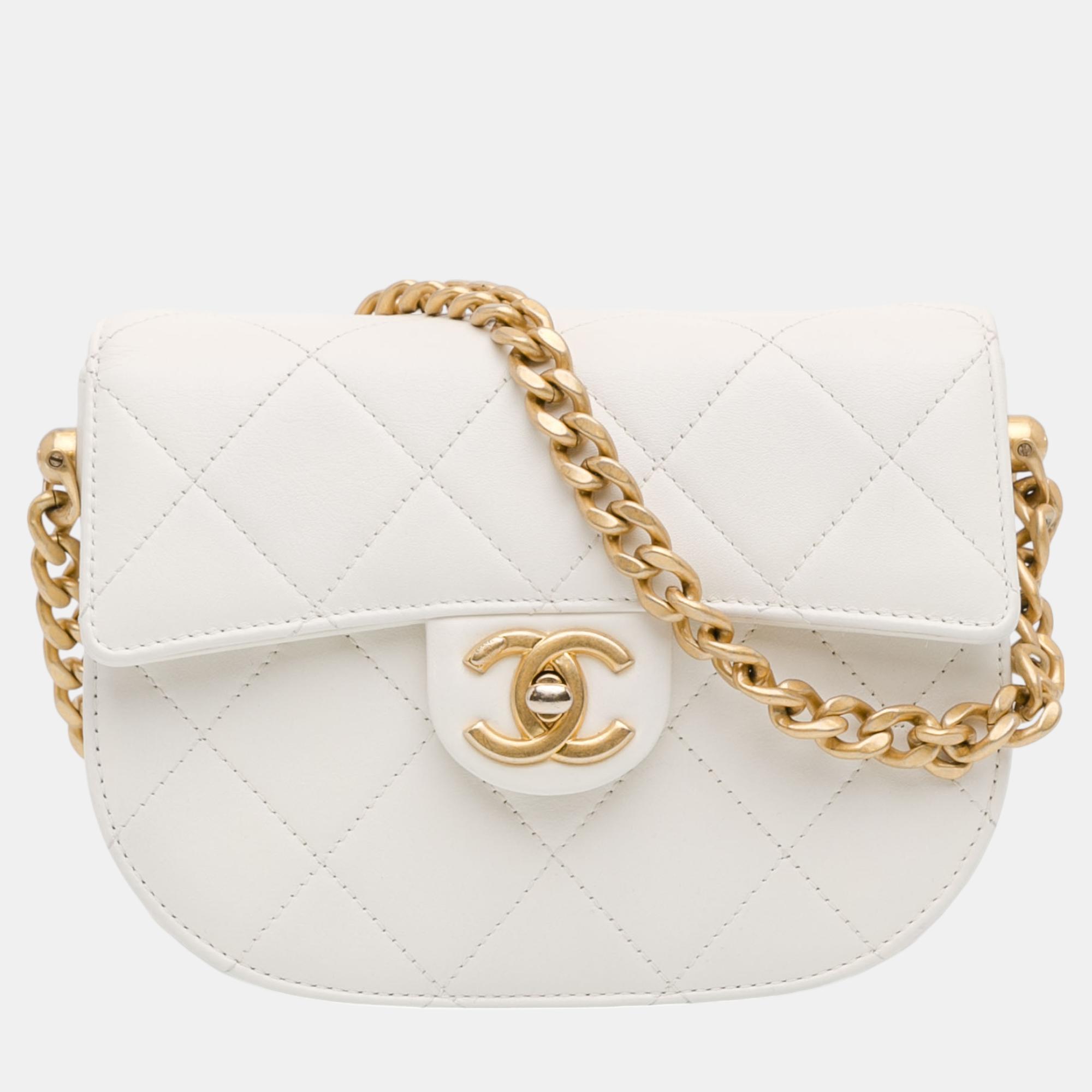 

Chanel White CC Quilted Lambskin Round Moon Messenger Flap