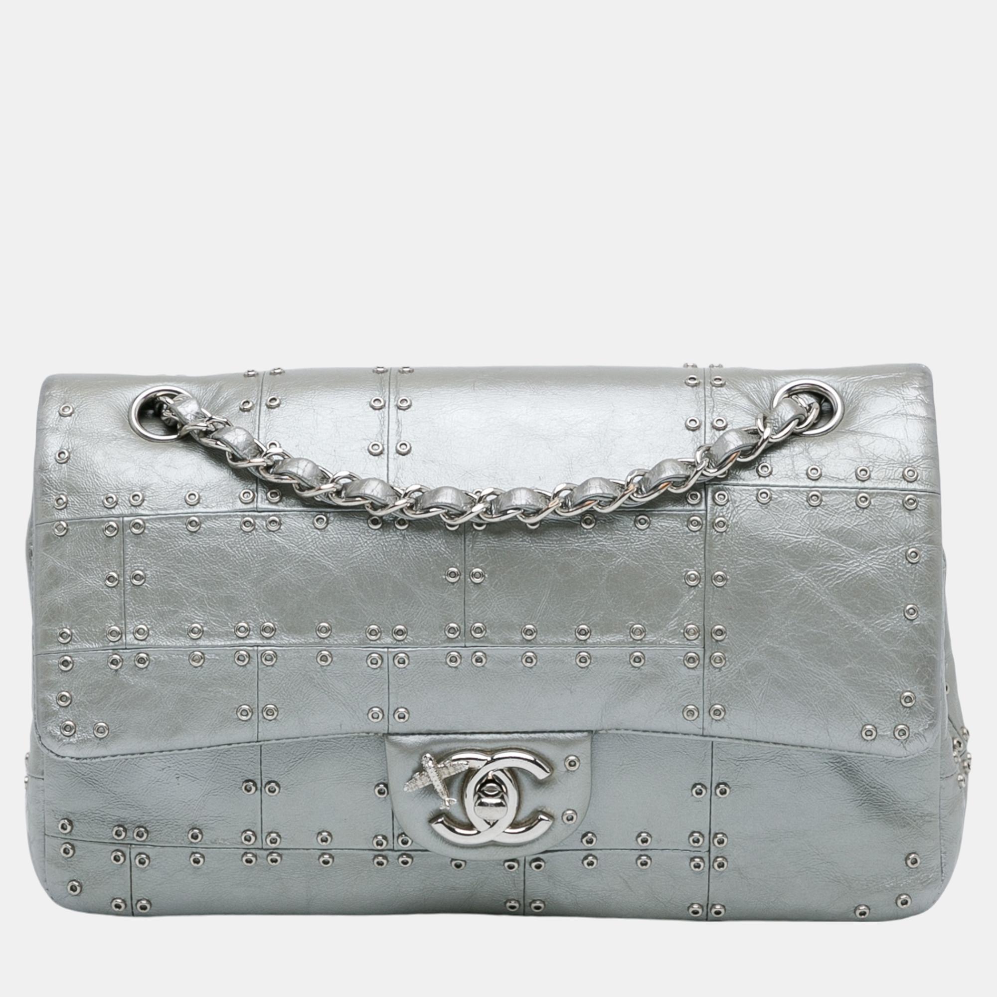 

Chanel Silver Leather Medium Embellished Airline Double Flap Bag