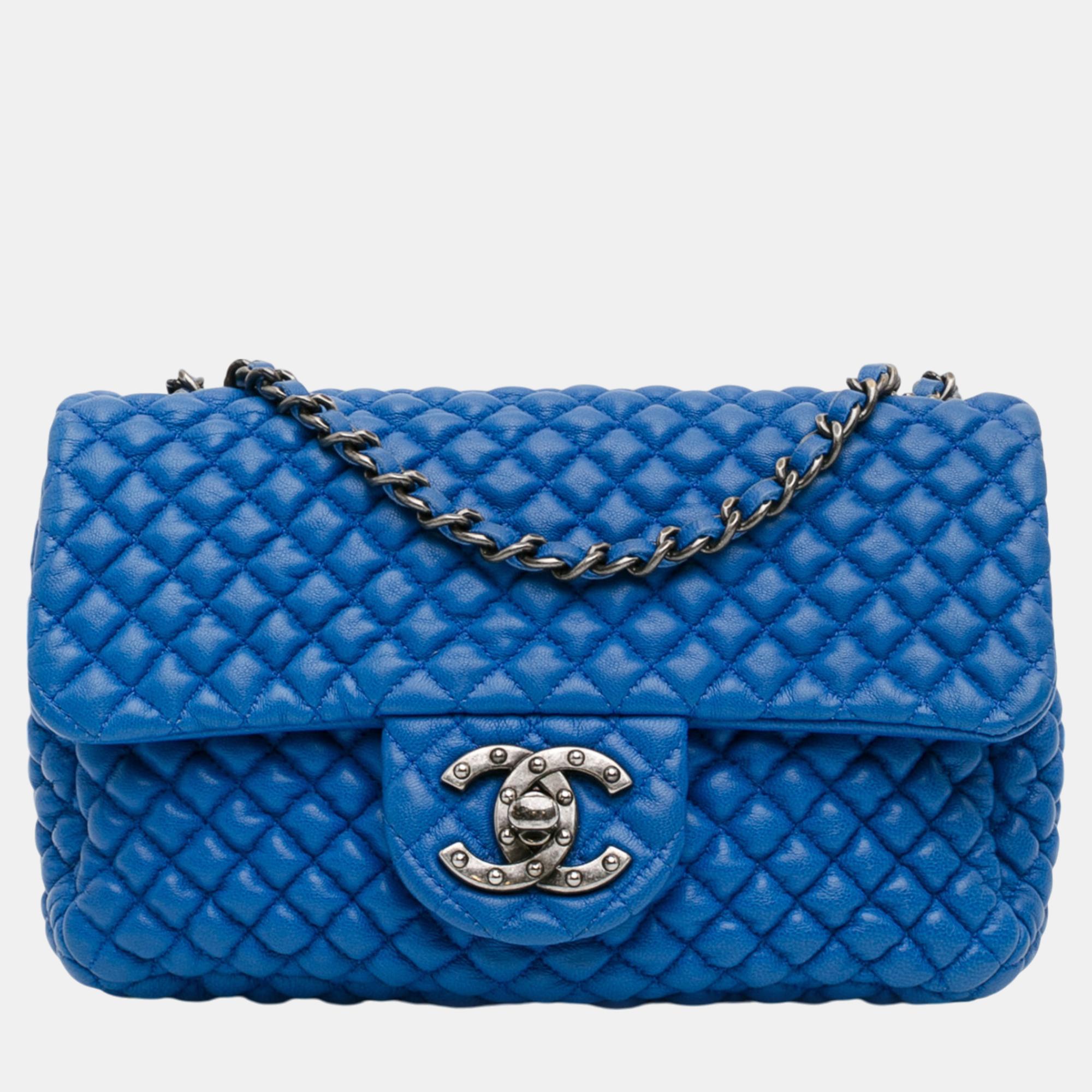 

Chanel Blue Mini Microquilted Lambskin Studded CC Flap