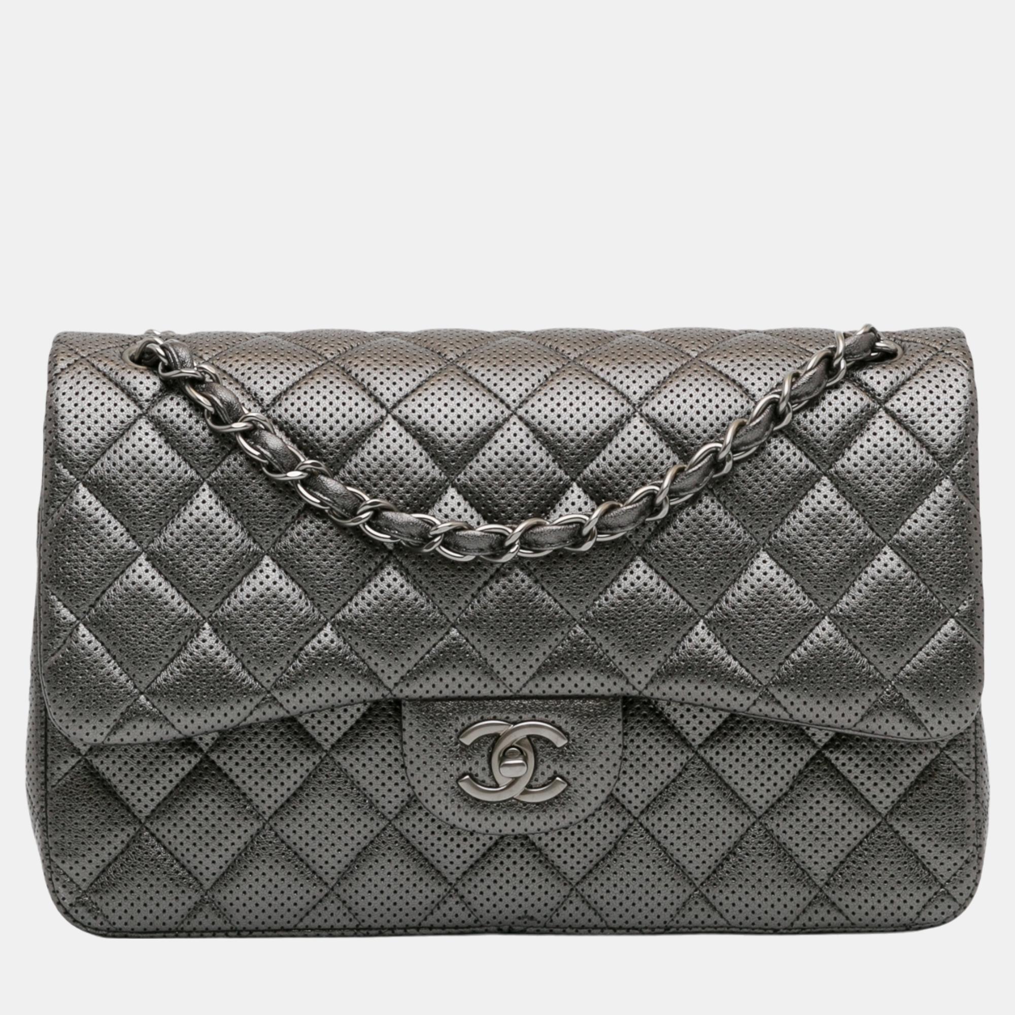 

Chanel Silver Lambskin Leather Jumbo Classic Perforated Double Flap Shoulder Bag, Grey