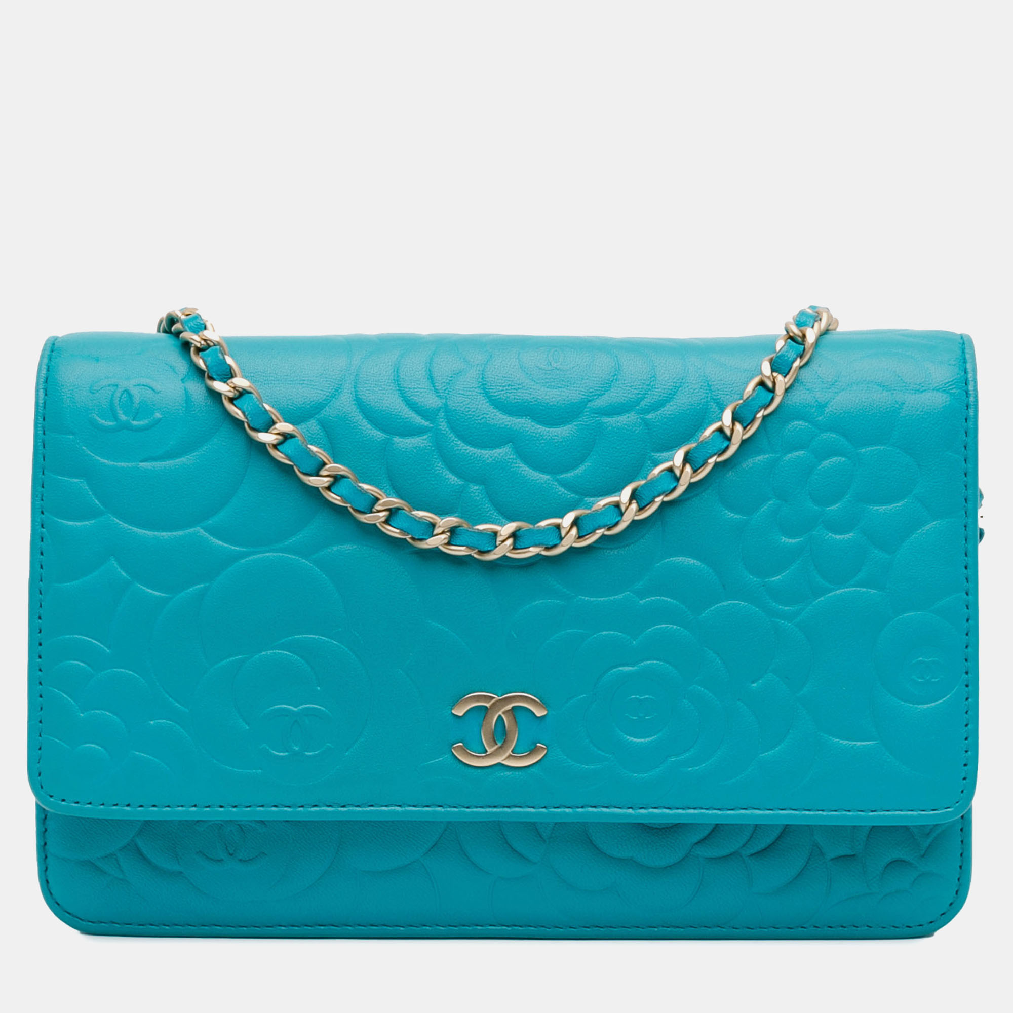 

Chanel Aqua Lambskin Leather Camellia Embossed Wallet On Chain, Blue