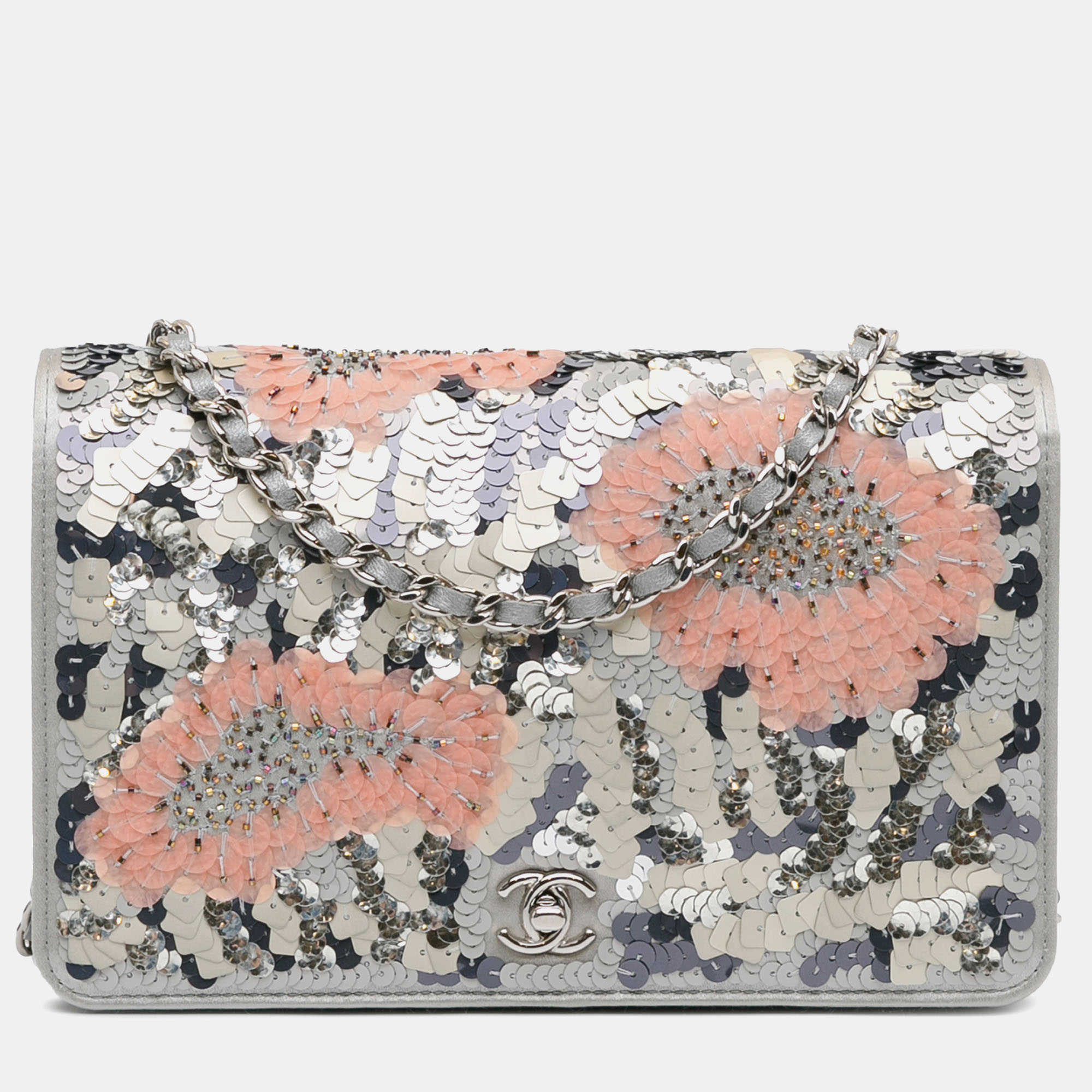 

Chanel Flower Sequins Wallet On Chain, Silver