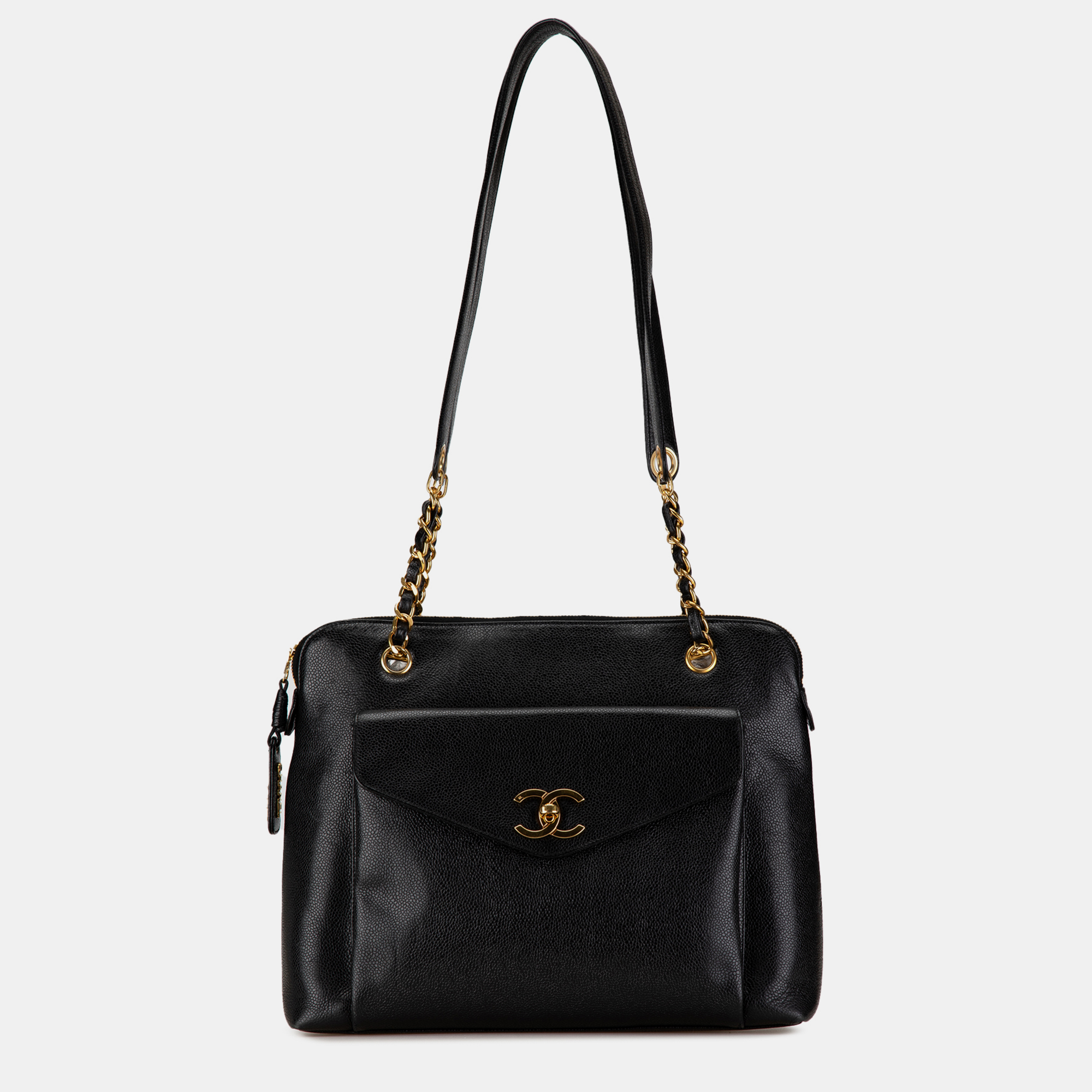 

Chanel Black Caviar Leather Front Pocket Chain Tote Bag