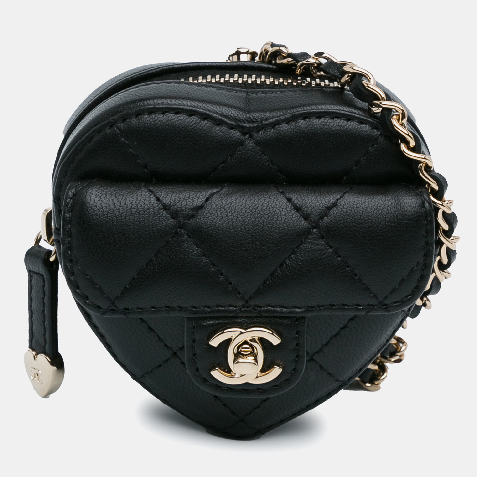 Pre-owned Chanel Lambskin Cc In Love Heart Necklace Bag In Black