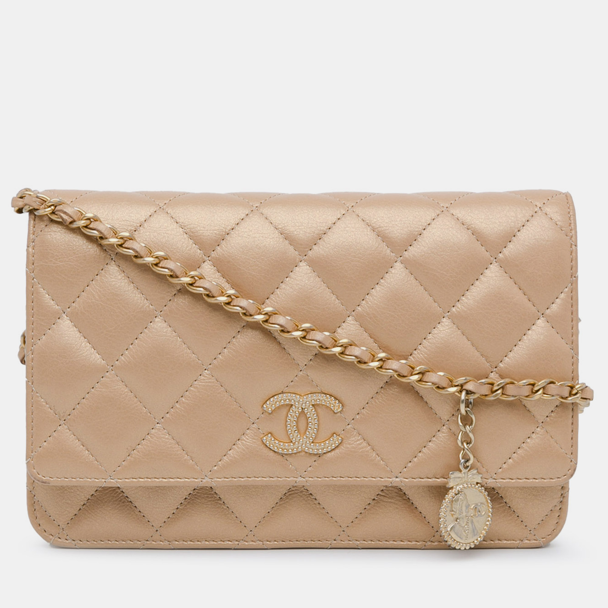 

Chanel CC Quilted Lambskin Coin Charm Wallet on Chain, Gold